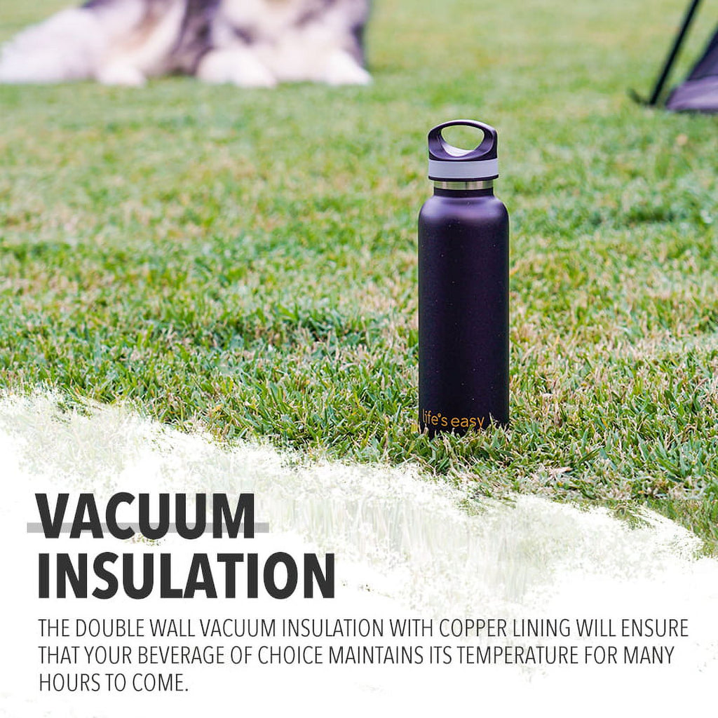 LIFE'S EASY 20 oz. Sports Insulated Water Bottle with Lid. Stainless Steel Vacuum Double Wall Thermo for Modern Hot and Cold Drinks, Simple Metal Hydro Canteen for Travel Men and Women (White) - BSX7