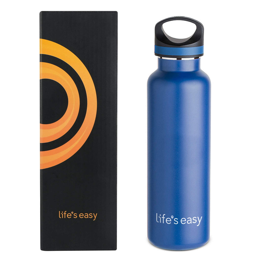 LIFE'S EASY 20 oz. Sports Insulated Water Bottle with Lid. Stainless Steel Vacuum Double Wall Thermo for Modern Hot and Cold Drinks, Simple Metal Hydro Canteen for Travel Men and Women (White) - BSX7