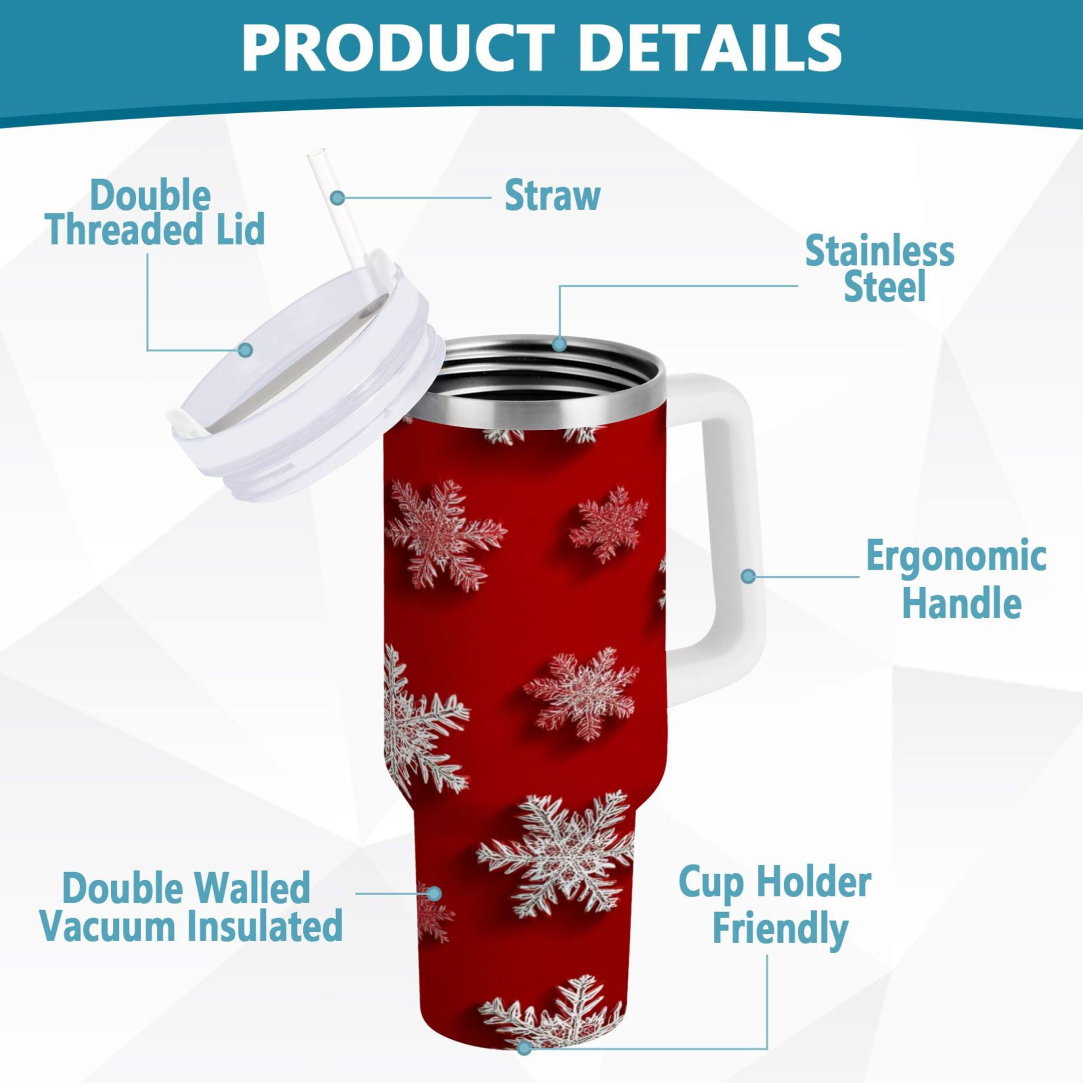 30 oz Insulated Stainless Steel Tumbler Double Wall Stainless Steel Tumbler with 2-Way Drinking Red and White Snowflakes - 1MF9