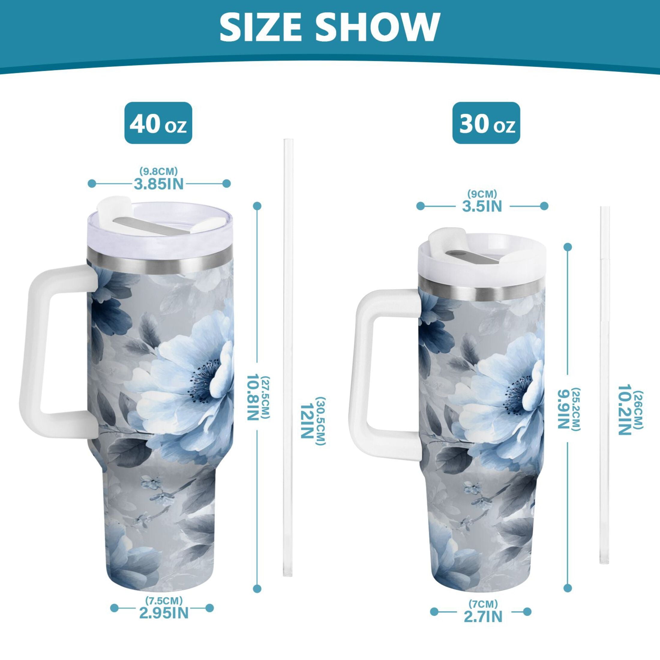 40 oz Insulated Stainless Steel Tumbler Double Wall Stainless Steel Tumbler with 2-Way Drinking White Floral Pattern - E4A2