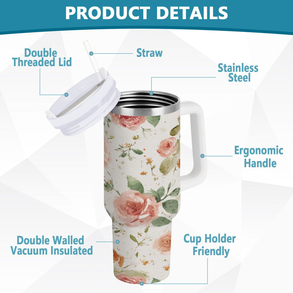 40 oz Insulated Stainless Steel Tumbler Double Wall Stainless Steel Tumbler with 2-Way Drinking Watercolor Rose Floral Pattern - 69D6