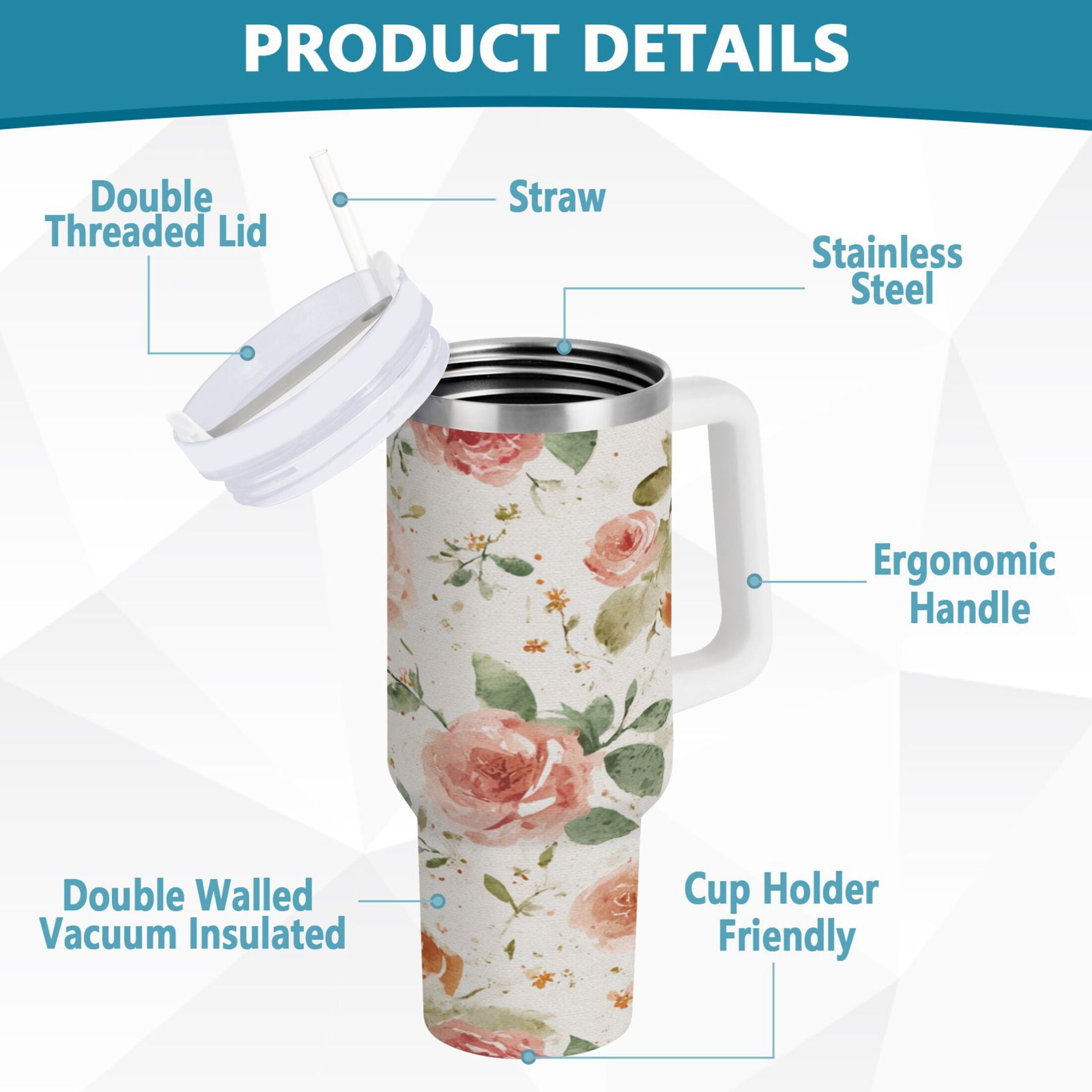 40 oz Insulated Stainless Steel Tumbler Double Wall Stainless Steel Tumbler with 2-Way Drinking Watercolor Rose Floral Pattern - 69D6