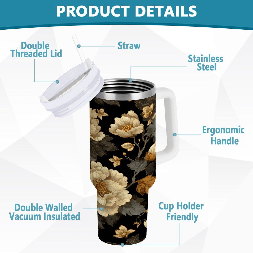 30 oz Insulated Stainless Steel Tumbler Double Wall Stainless Steel Tumbler with 2-Way Drinking Elegant Beige Floral - GRS8