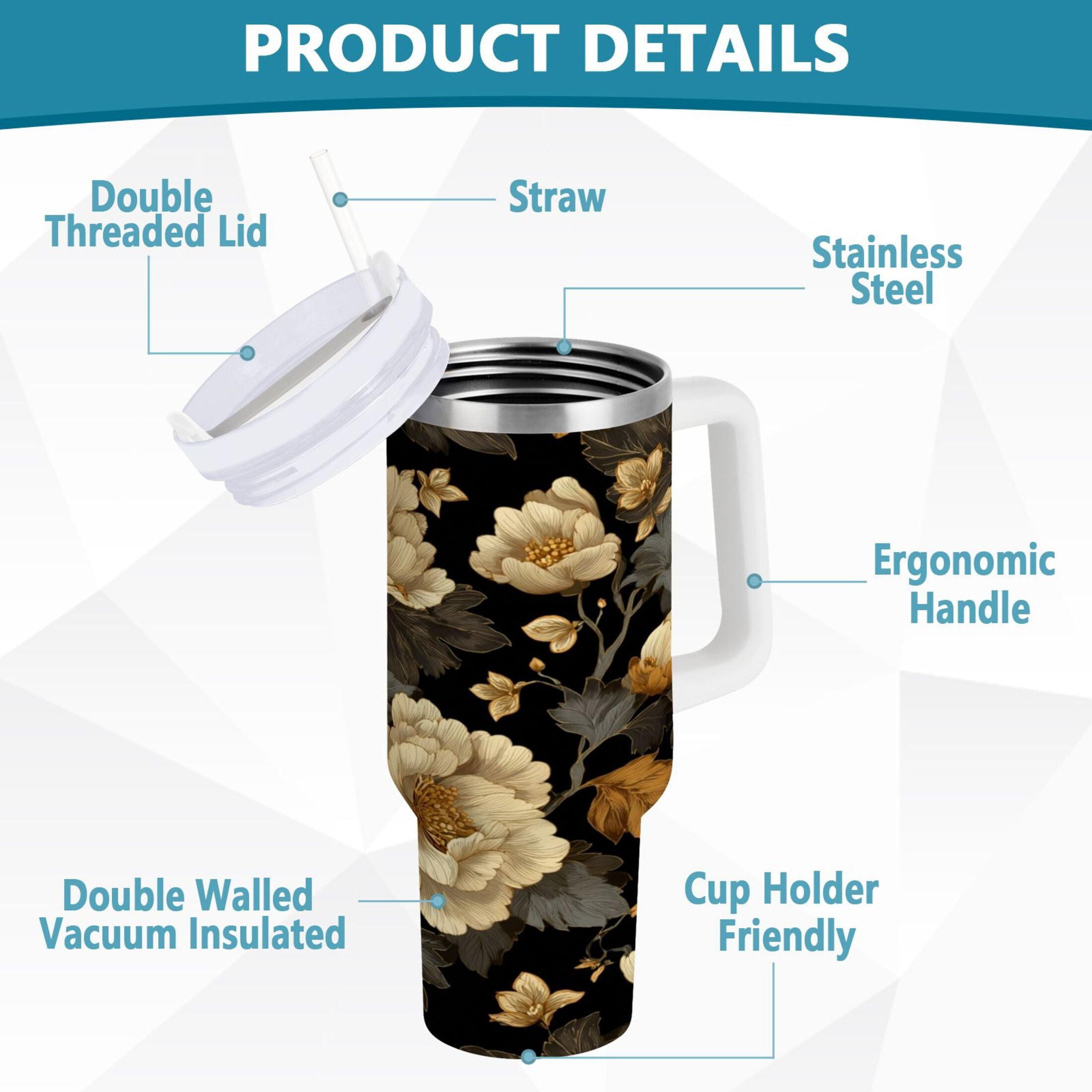 30 oz Insulated Stainless Steel Tumbler Double Wall Stainless Steel Tumbler with 2-Way Drinking Elegant Beige Floral - GRS8