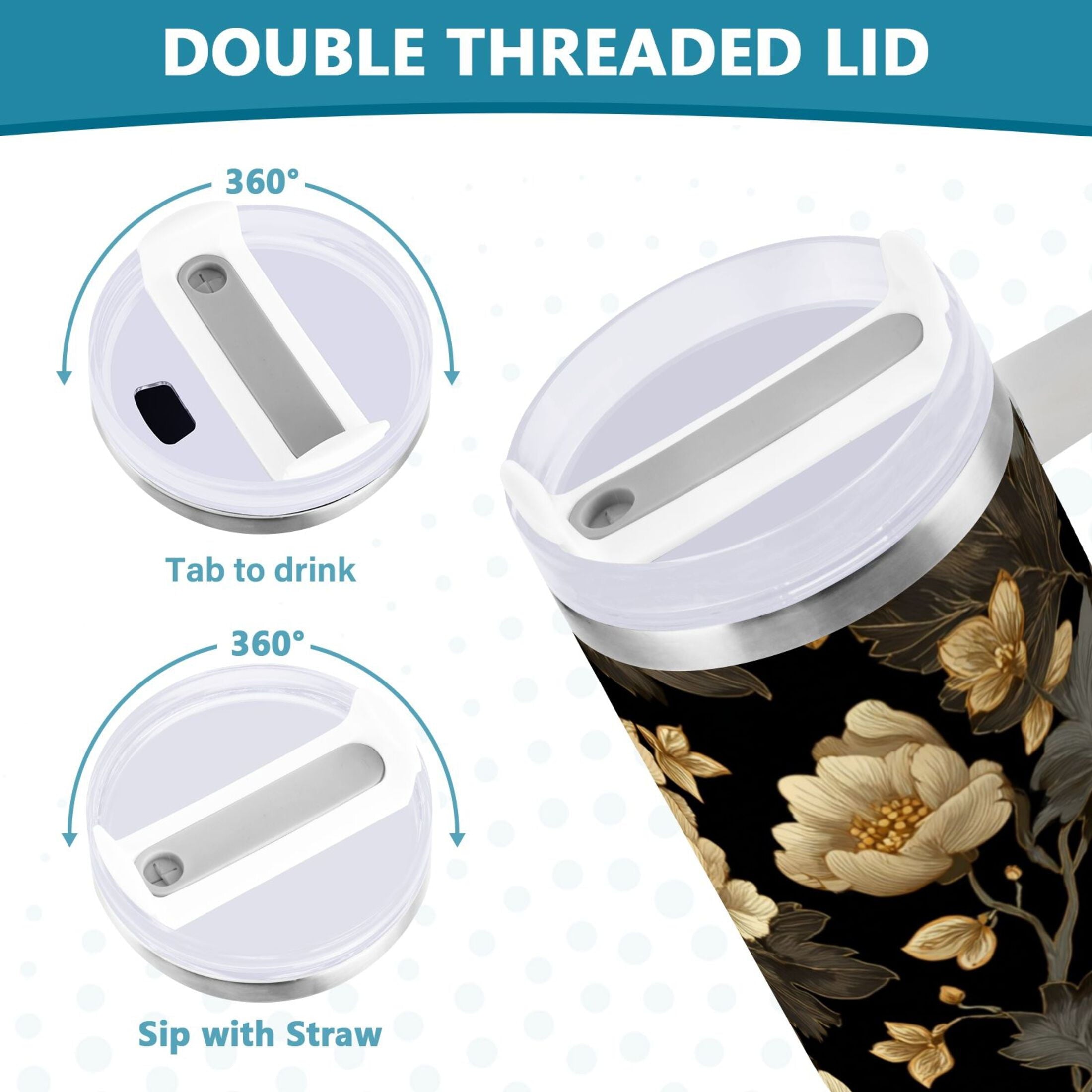 30 oz Insulated Stainless Steel Tumbler Double Wall Stainless Steel Tumbler with 2-Way Drinking Elegant Beige Floral - GRS8