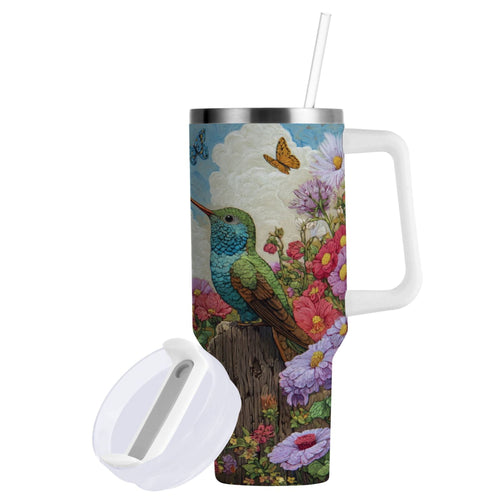 30 oz Insulated Stainless Steel Tumbler Double Wall Stainless Steel Tumbler with 2-Way Drinking Hummingbirds and Flowers - DE44