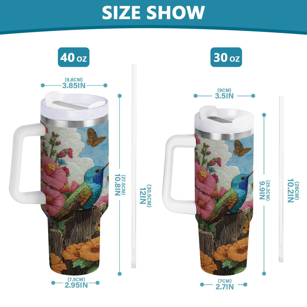 30 oz Insulated Stainless Steel Tumbler Double Wall Stainless Steel Tumbler with 2-Way Drinking Hummingbirds and Flowers - DE44
