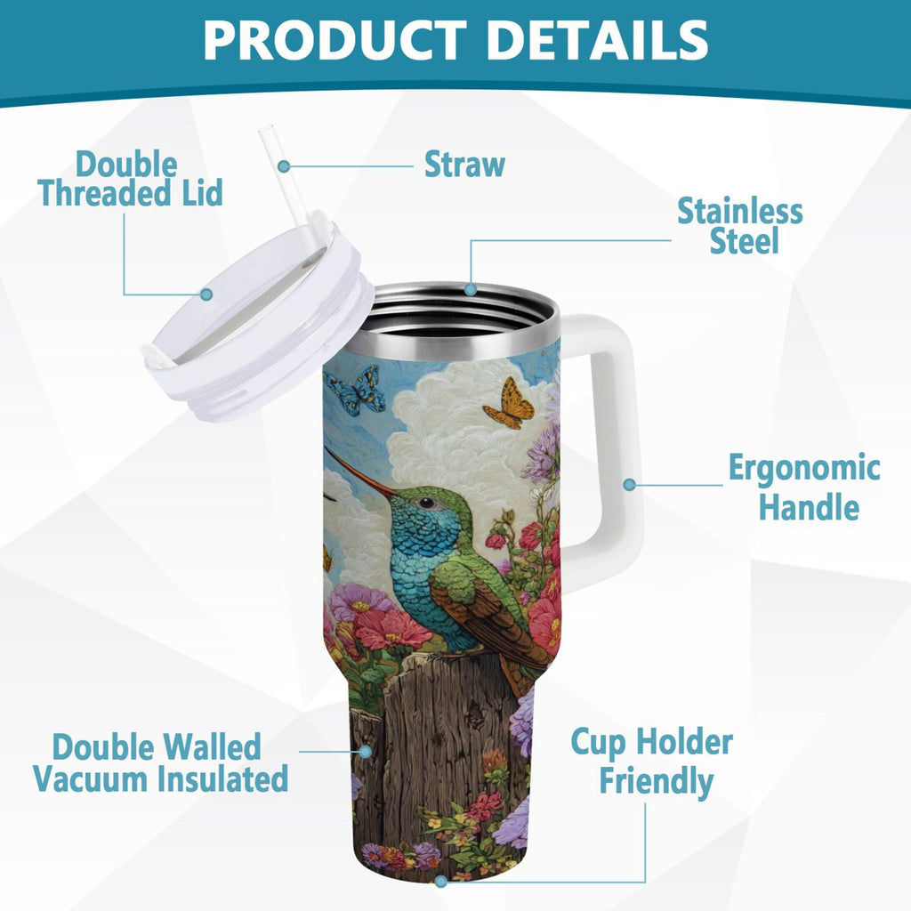 30 oz Insulated Stainless Steel Tumbler Double Wall Stainless Steel Tumbler with 2-Way Drinking Hummingbirds and Flowers - DE44