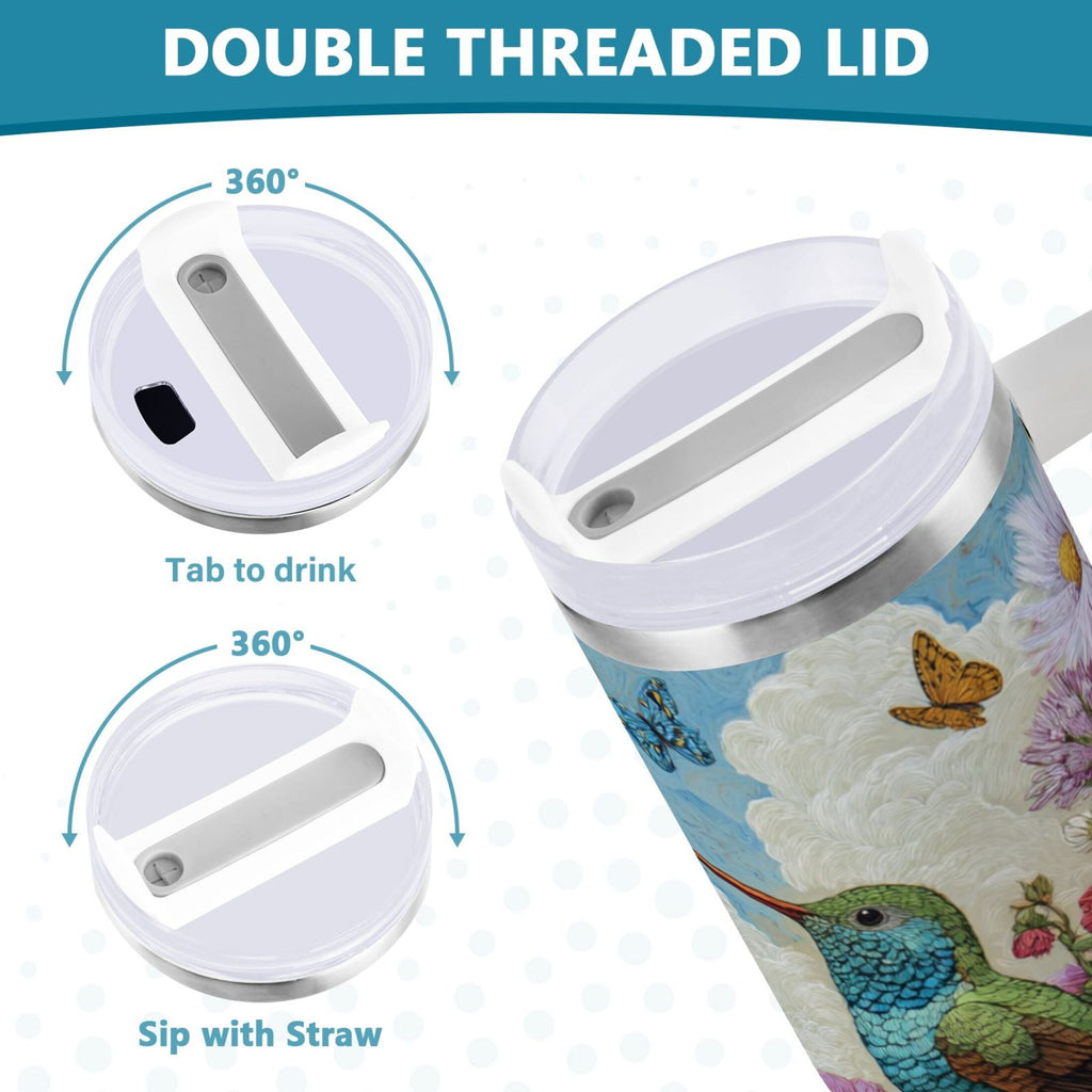 30 oz Insulated Stainless Steel Tumbler Double Wall Stainless Steel Tumbler with 2-Way Drinking Hummingbirds and Flowers - DE44