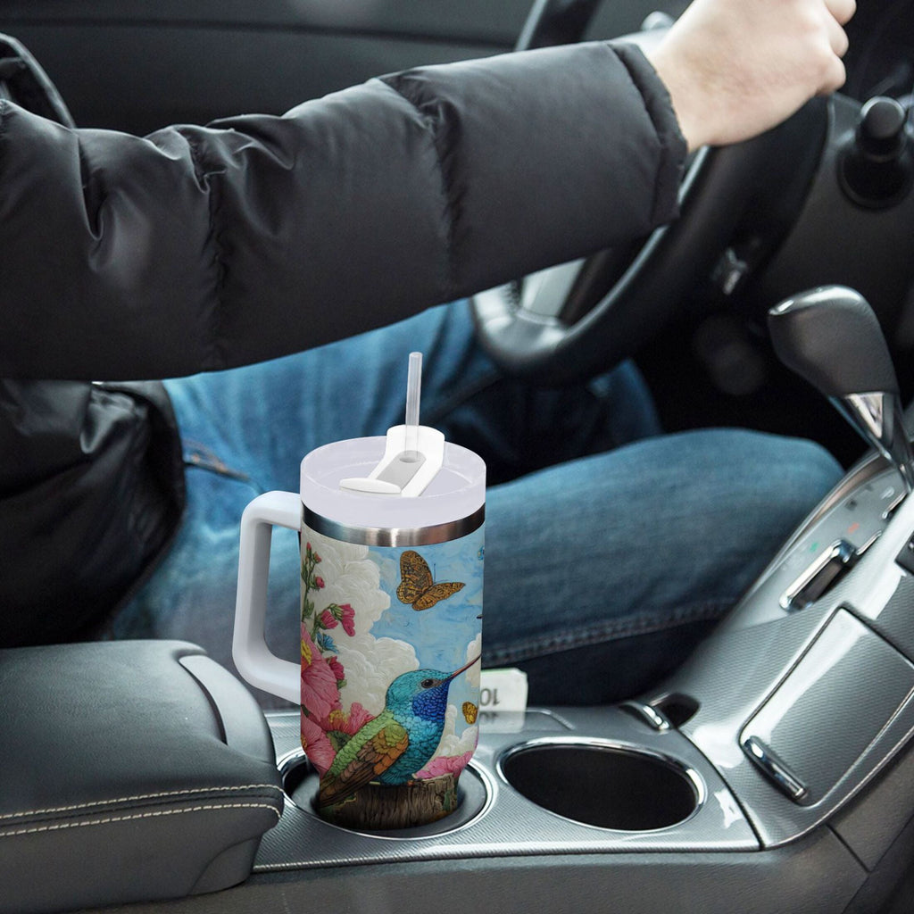 30 oz Insulated Stainless Steel Tumbler Double Wall Stainless Steel Tumbler with 2-Way Drinking Hummingbirds and Flowers - DE44