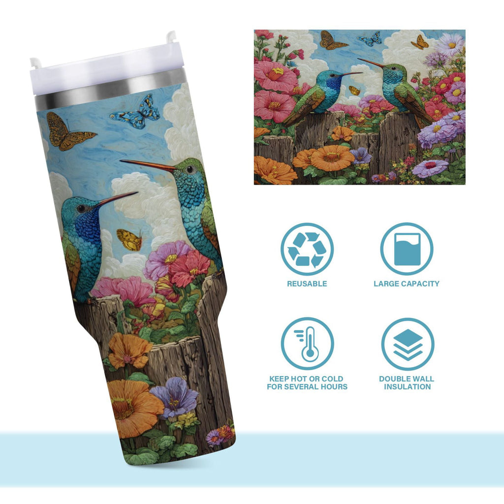 30 oz Insulated Stainless Steel Tumbler Double Wall Stainless Steel Tumbler with 2-Way Drinking Hummingbirds and Flowers - DE44