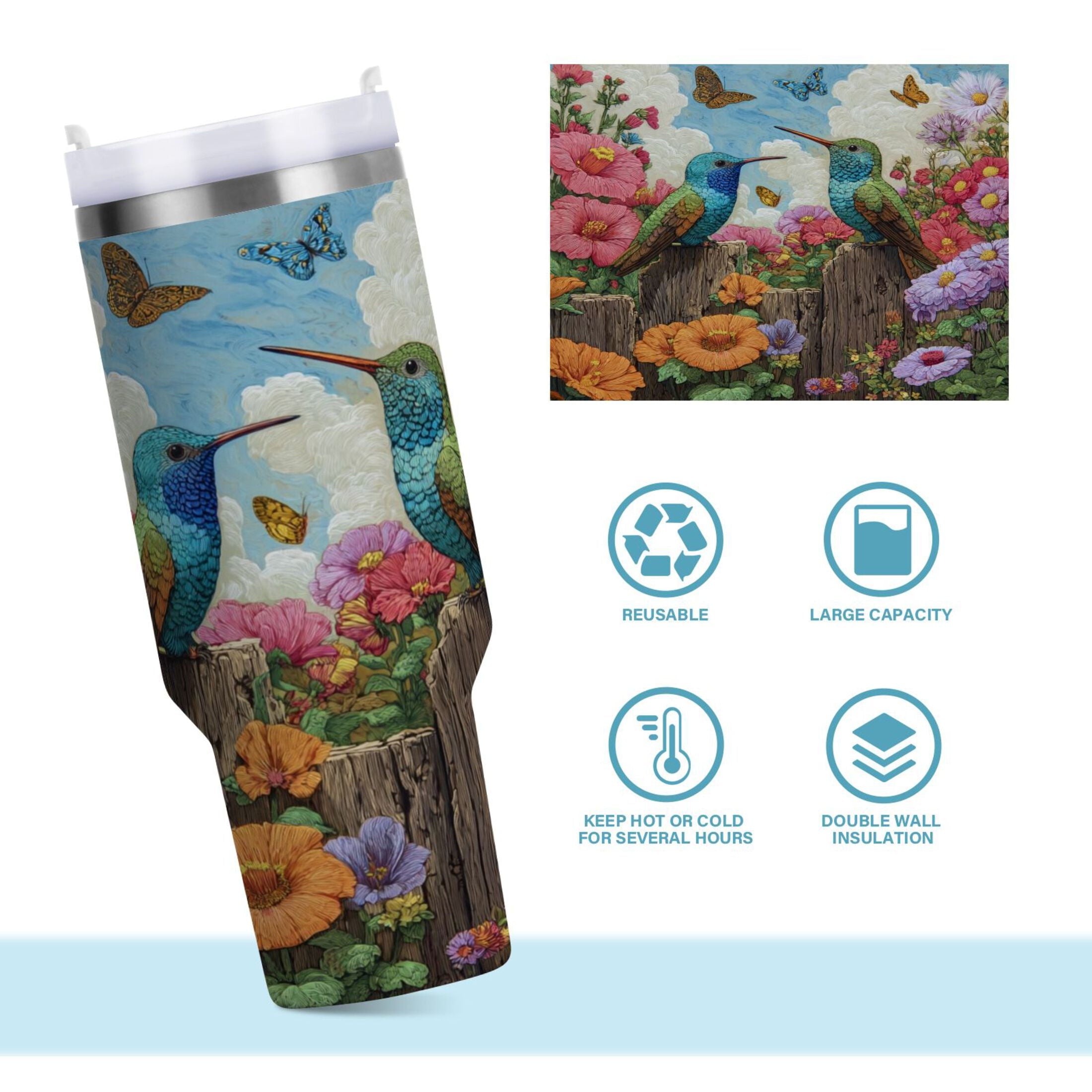 30 oz Insulated Stainless Steel Tumbler Double Wall Stainless Steel Tumbler with 2-Way Drinking Hummingbirds and Flowers - DE44