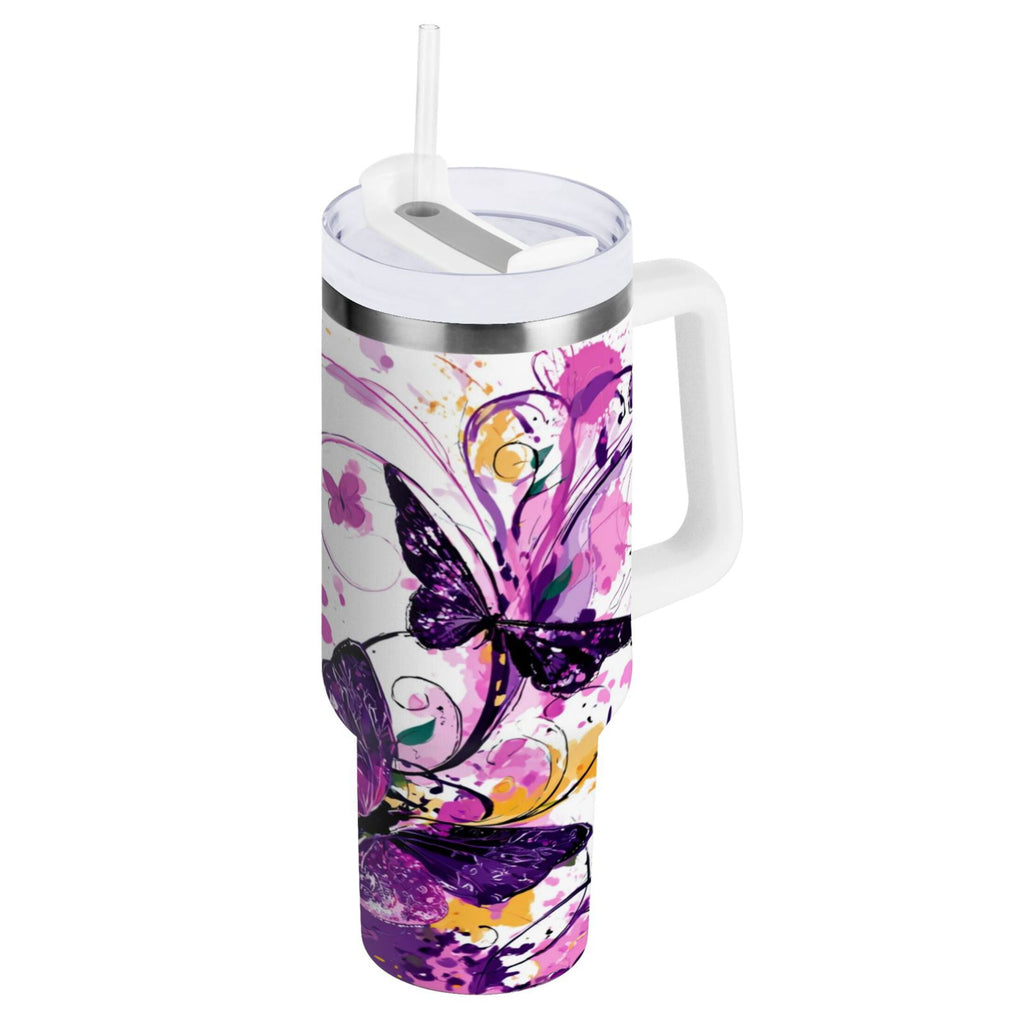 40 oz Insulated Stainless Steel Tumbler Double Wall Stainless Steel Tumbler with 2-Way Drinking Purple Butterfly - 5AKR