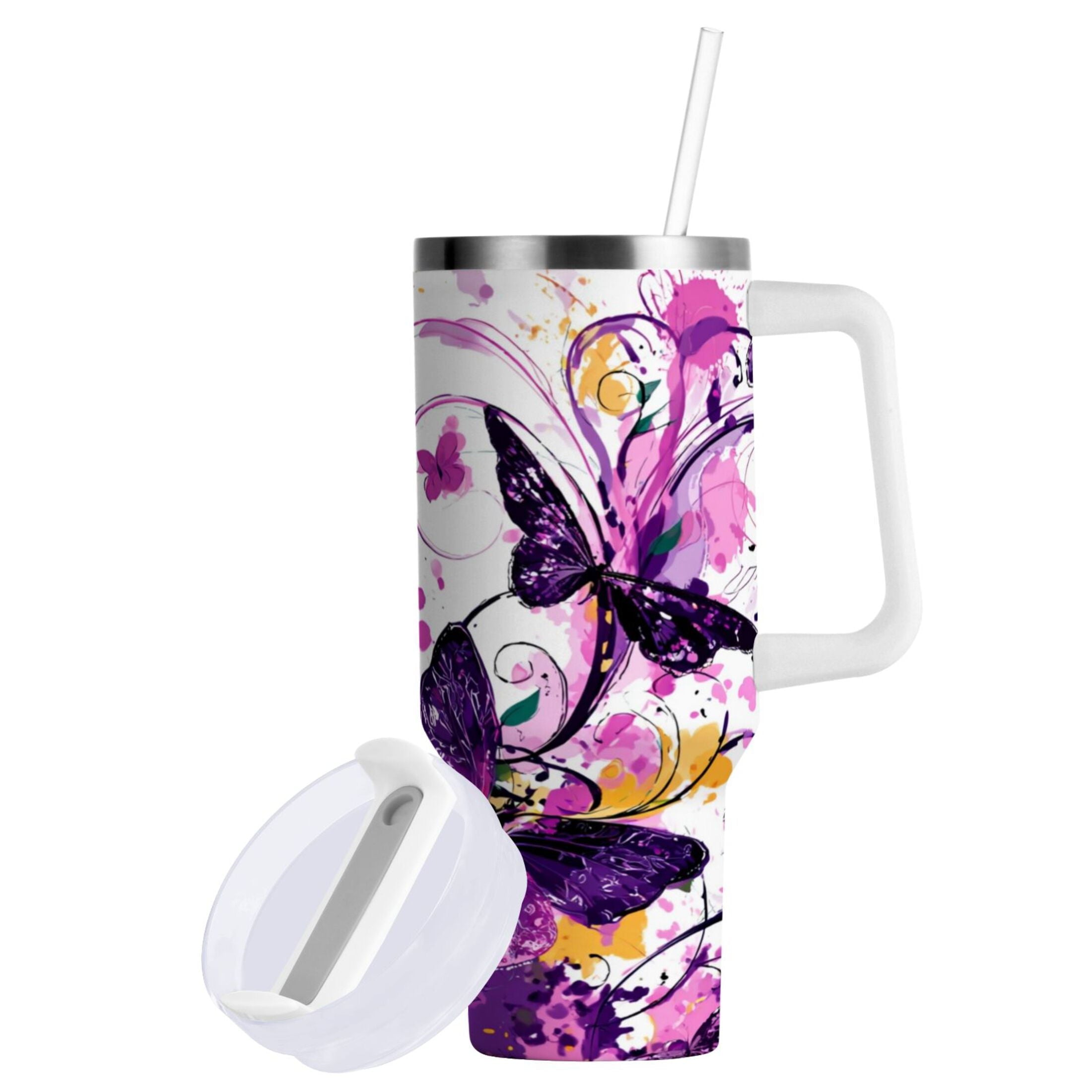 40 oz Insulated Stainless Steel Tumbler Double Wall Stainless Steel Tumbler with 2-Way Drinking Purple Butterfly - 5AKR