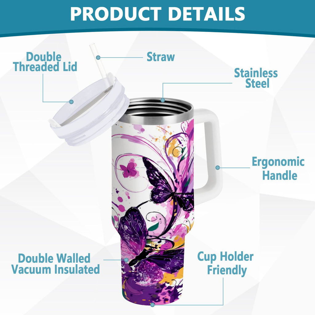 40 oz Insulated Stainless Steel Tumbler Double Wall Stainless Steel Tumbler with 2-Way Drinking Purple Butterfly - 5AKR