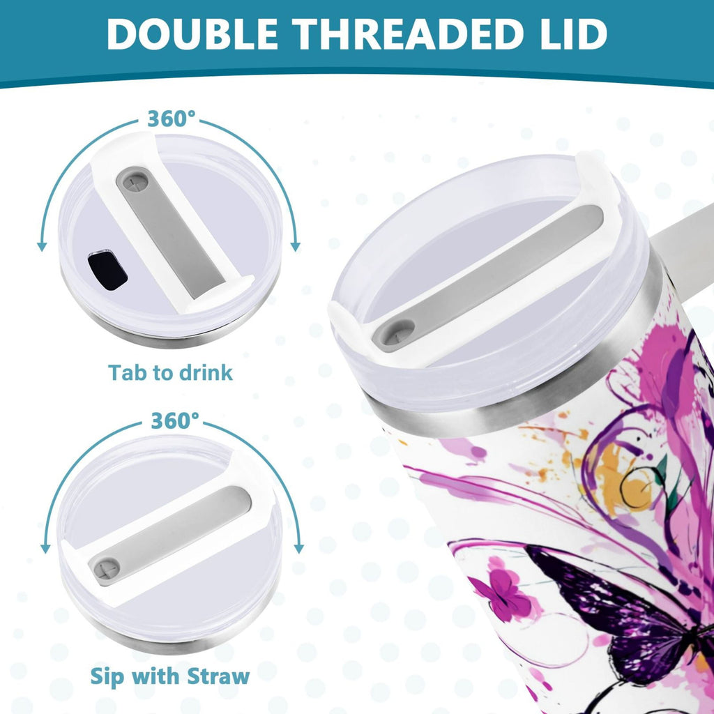 40 oz Insulated Stainless Steel Tumbler Double Wall Stainless Steel Tumbler with 2-Way Drinking Purple Butterfly - 5AKR