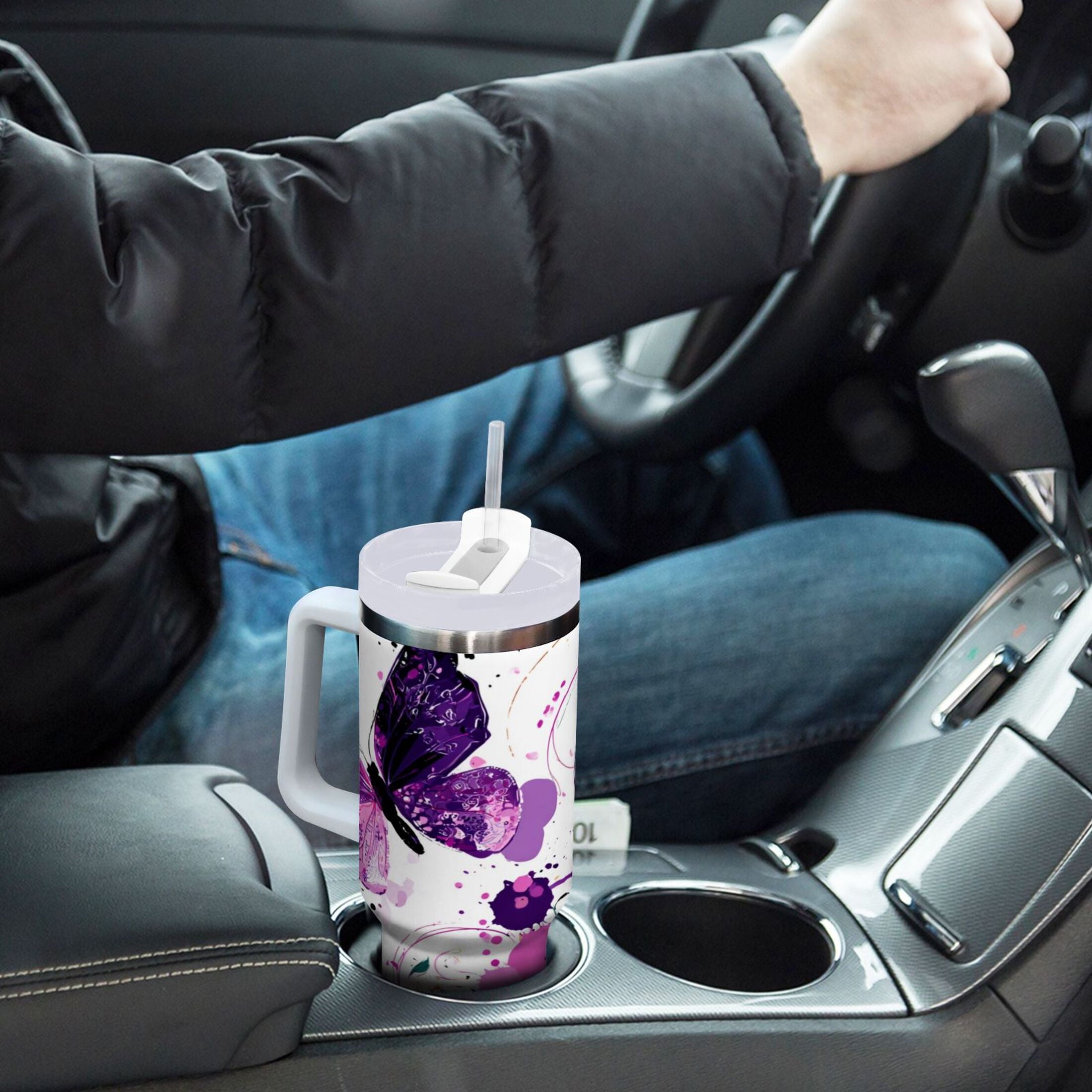40 oz Insulated Stainless Steel Tumbler Double Wall Stainless Steel Tumbler with 2-Way Drinking Purple Butterfly - 5AKR