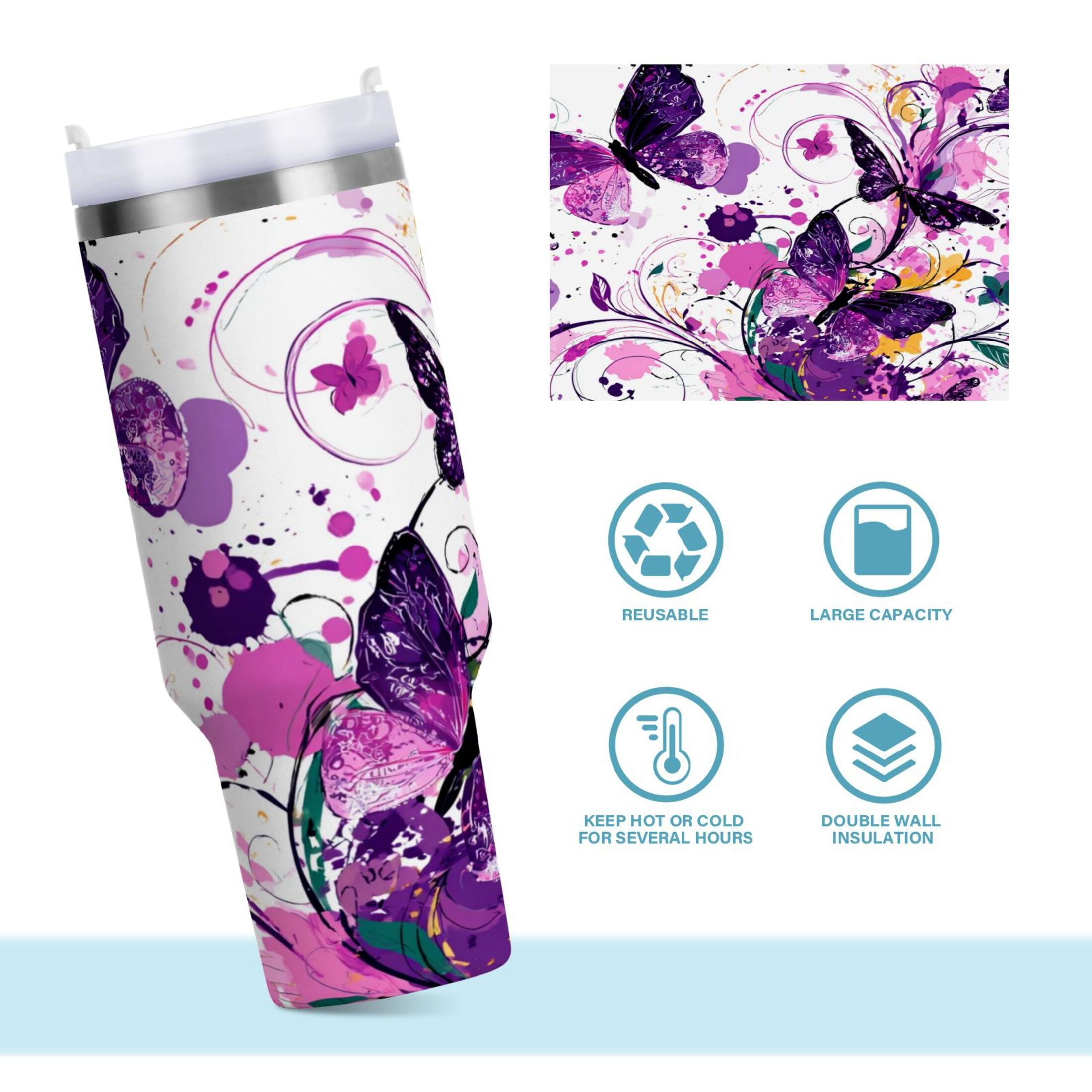 40 oz Insulated Stainless Steel Tumbler Double Wall Stainless Steel Tumbler with 2-Way Drinking Purple Butterfly - 5AKR