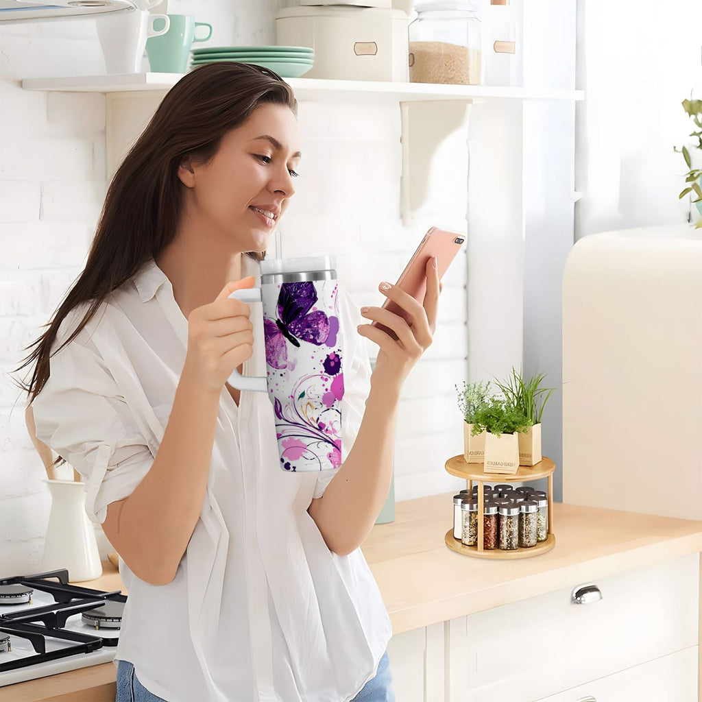 40 oz Insulated Stainless Steel Tumbler Double Wall Stainless Steel Tumbler with 2-Way Drinking Purple Butterfly - 5AKR