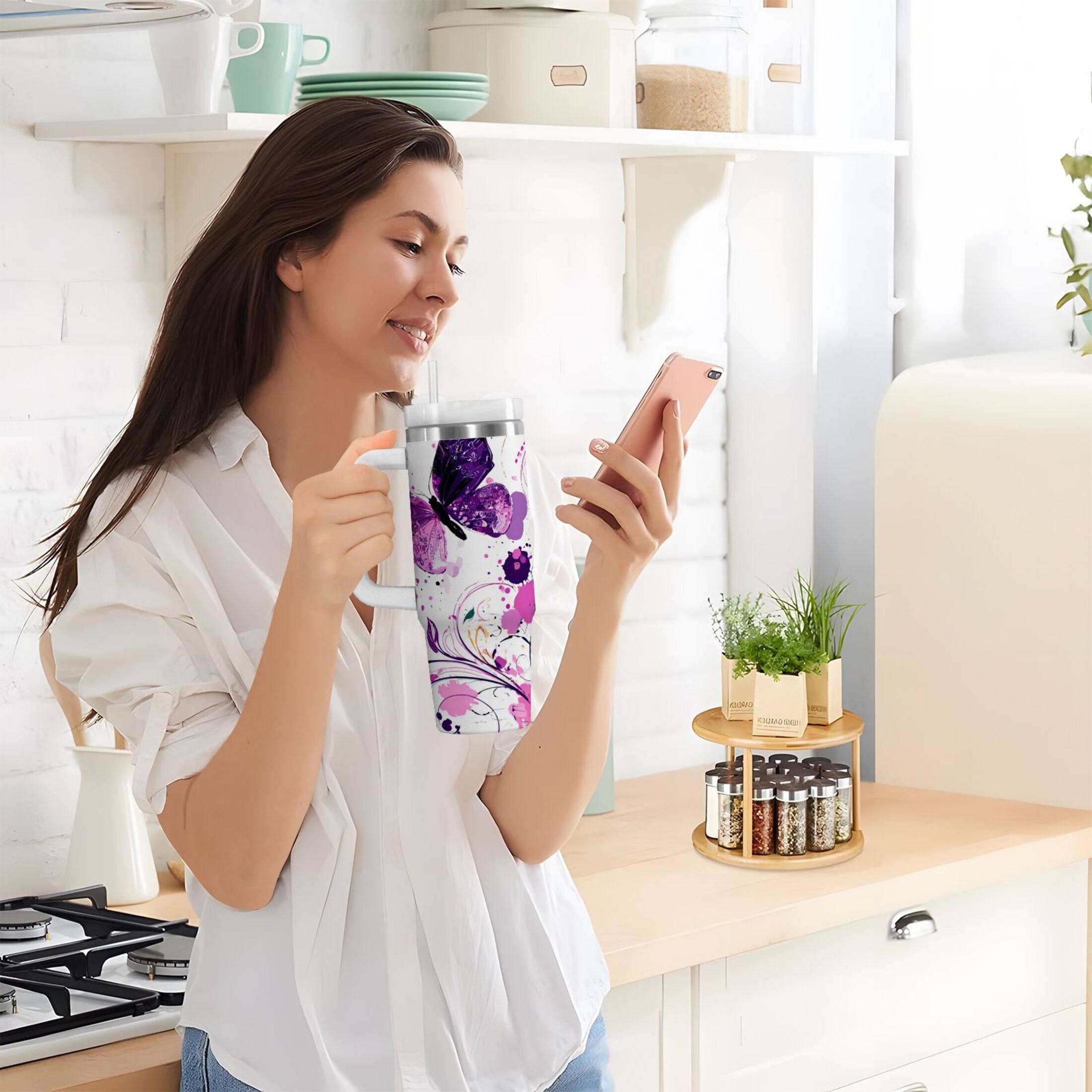 40 oz Insulated Stainless Steel Tumbler Double Wall Stainless Steel Tumbler with 2-Way Drinking Purple Butterfly - 5AKR