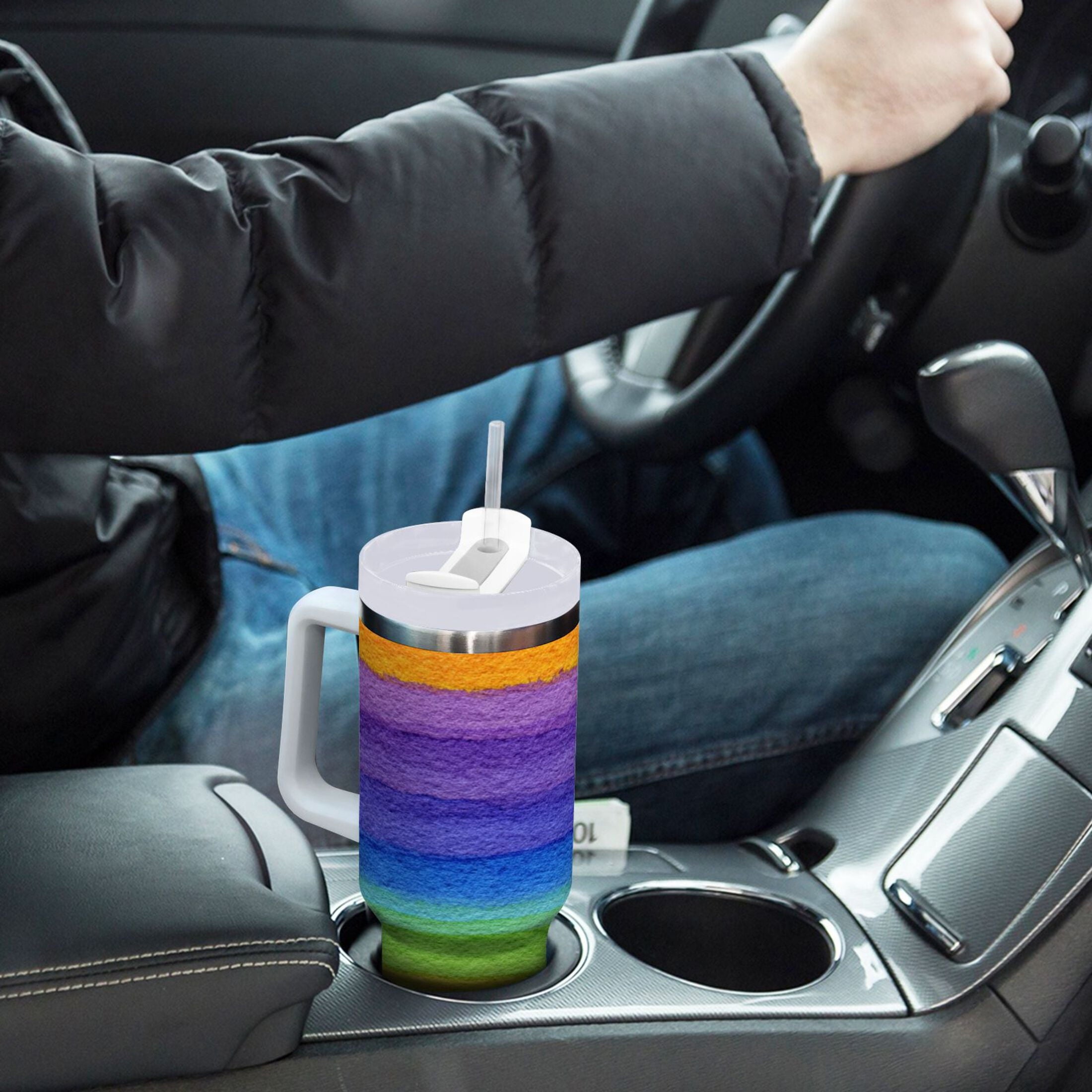 30 oz Insulated Stainless Steel Tumbler Double Wall Stainless Steel Tumbler with 2-Way Drinking Watercolor Rainbow Colors - C94B