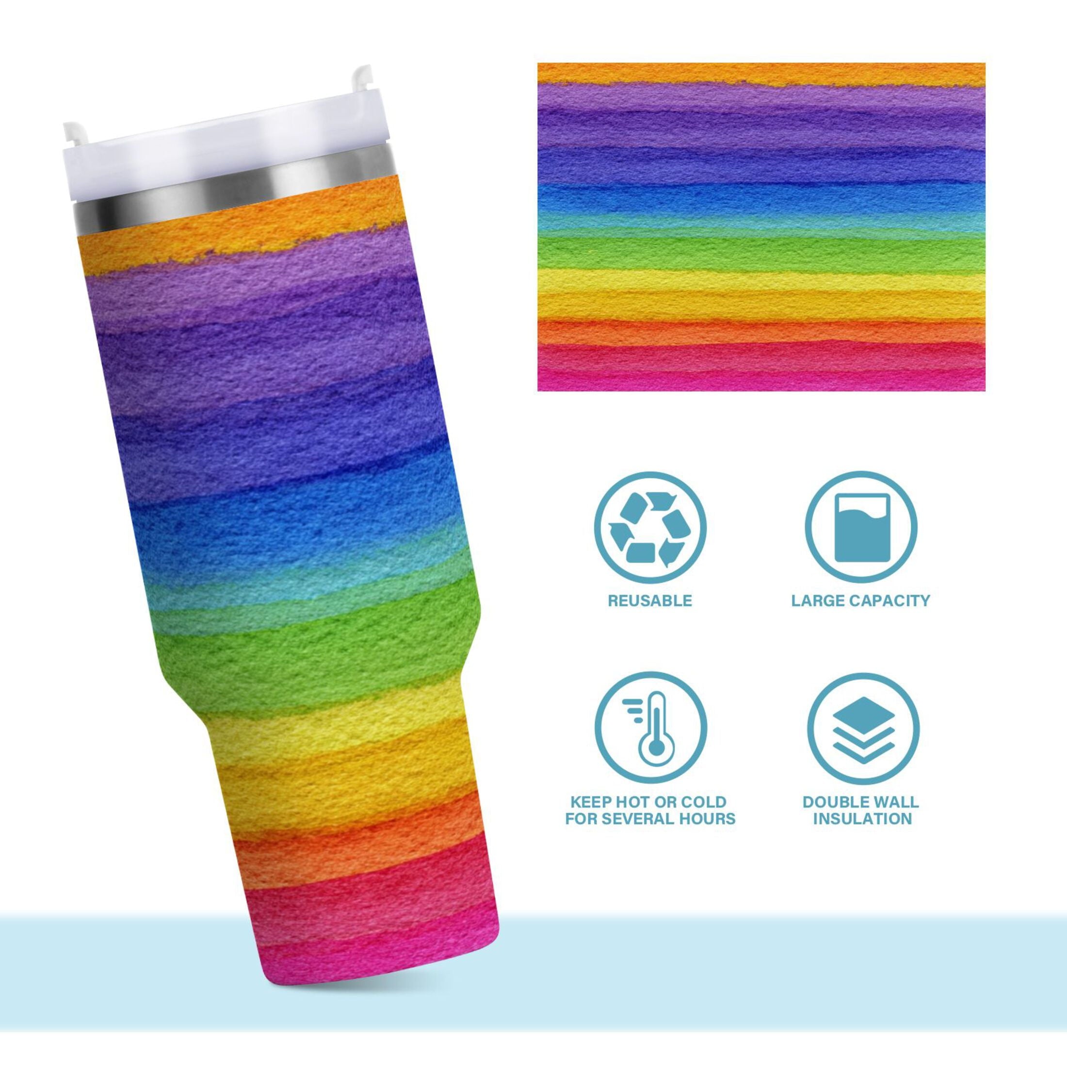 30 oz Insulated Stainless Steel Tumbler Double Wall Stainless Steel Tumbler with 2-Way Drinking Watercolor Rainbow Colors - C94B
