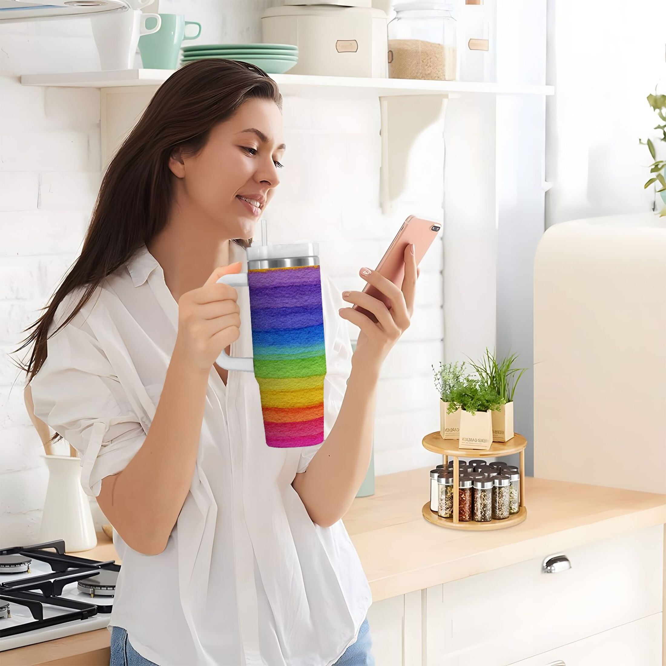 30 oz Insulated Stainless Steel Tumbler Double Wall Stainless Steel Tumbler with 2-Way Drinking Watercolor Rainbow Colors - C94B