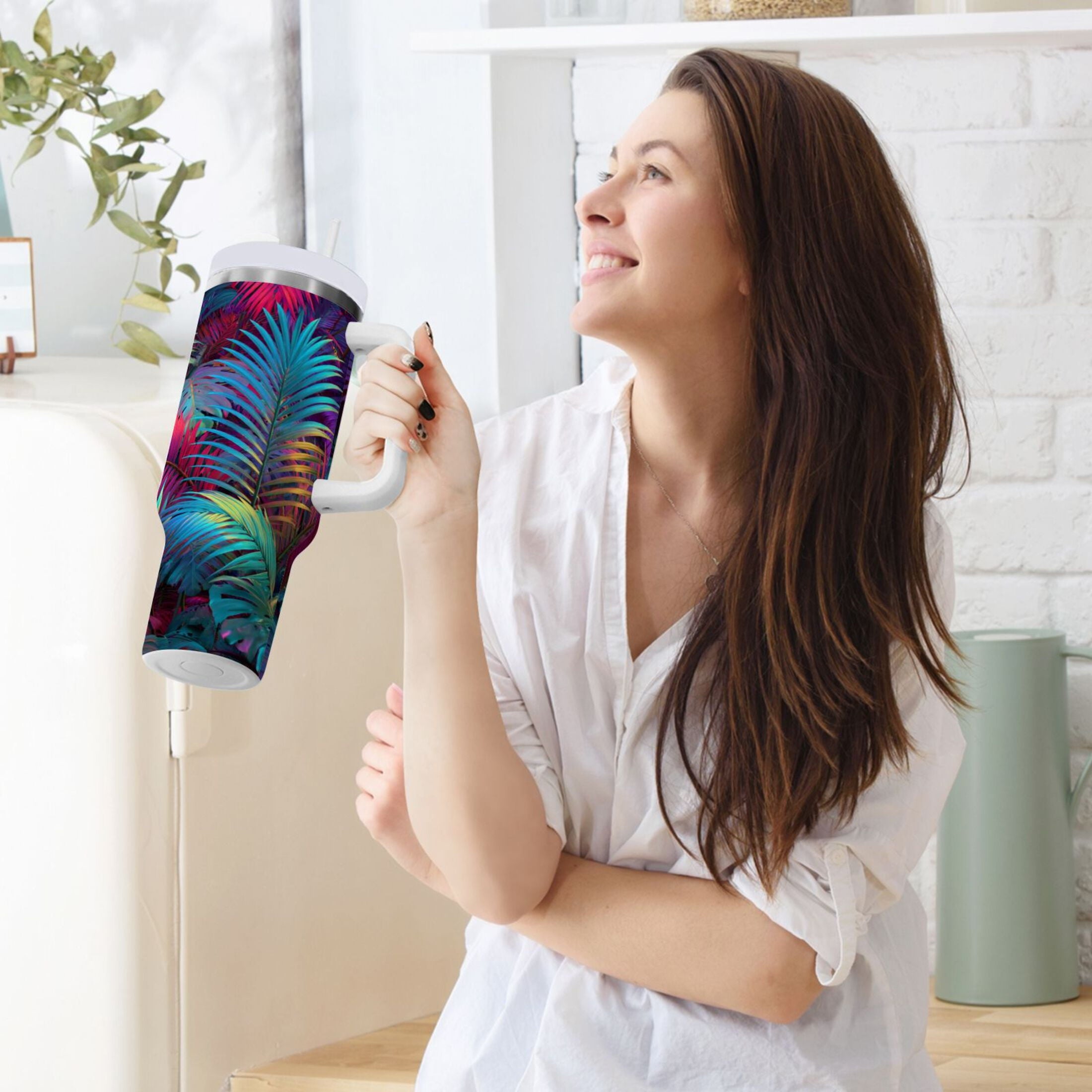 30 oz Insulated Stainless Steel Tumbler Double Wall Stainless Steel Tumbler with 2-Way Drinking Vibrant and Shimmering Jungle - CKKN