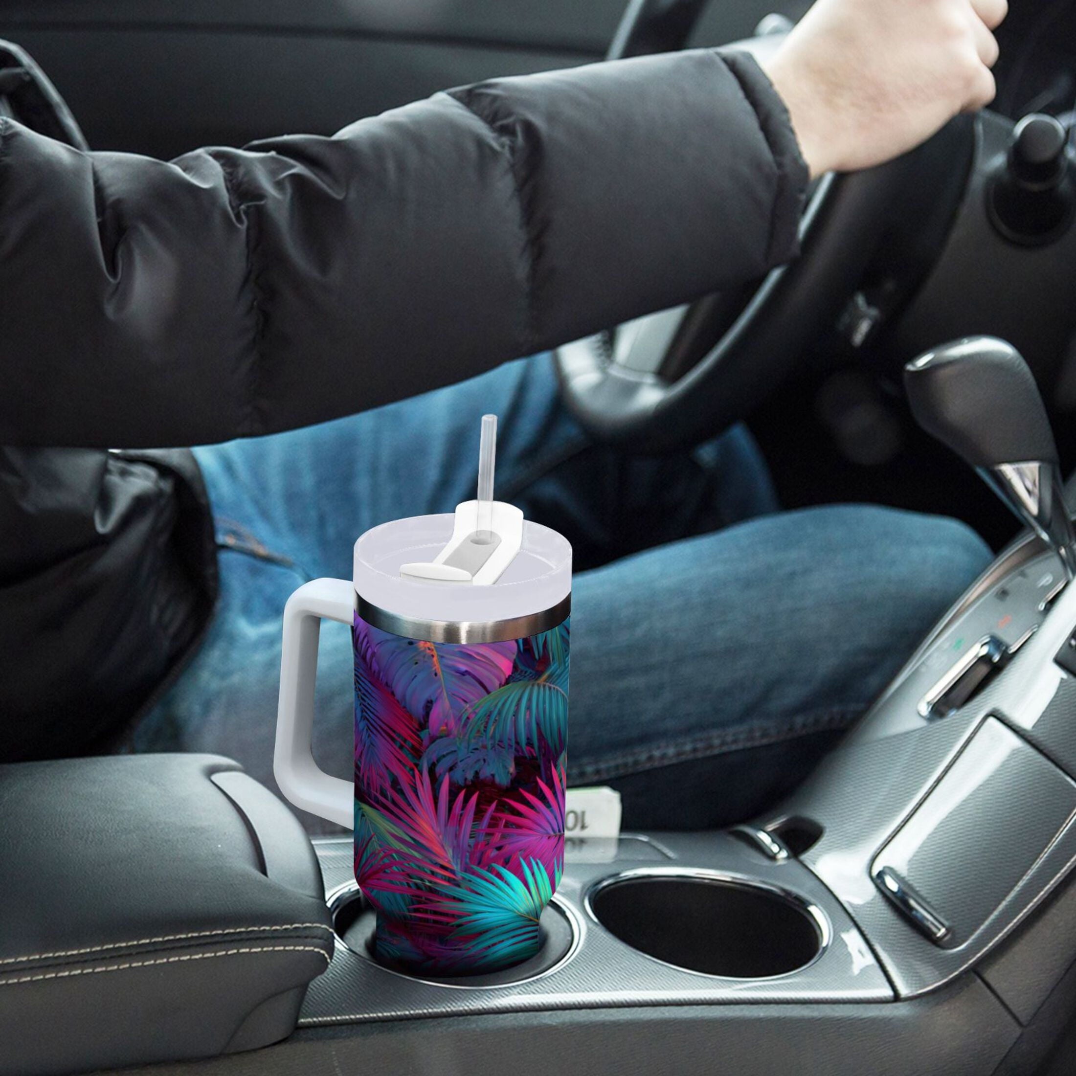 30 oz Insulated Stainless Steel Tumbler Double Wall Stainless Steel Tumbler with 2-Way Drinking Vibrant and Shimmering Jungle - CKKN