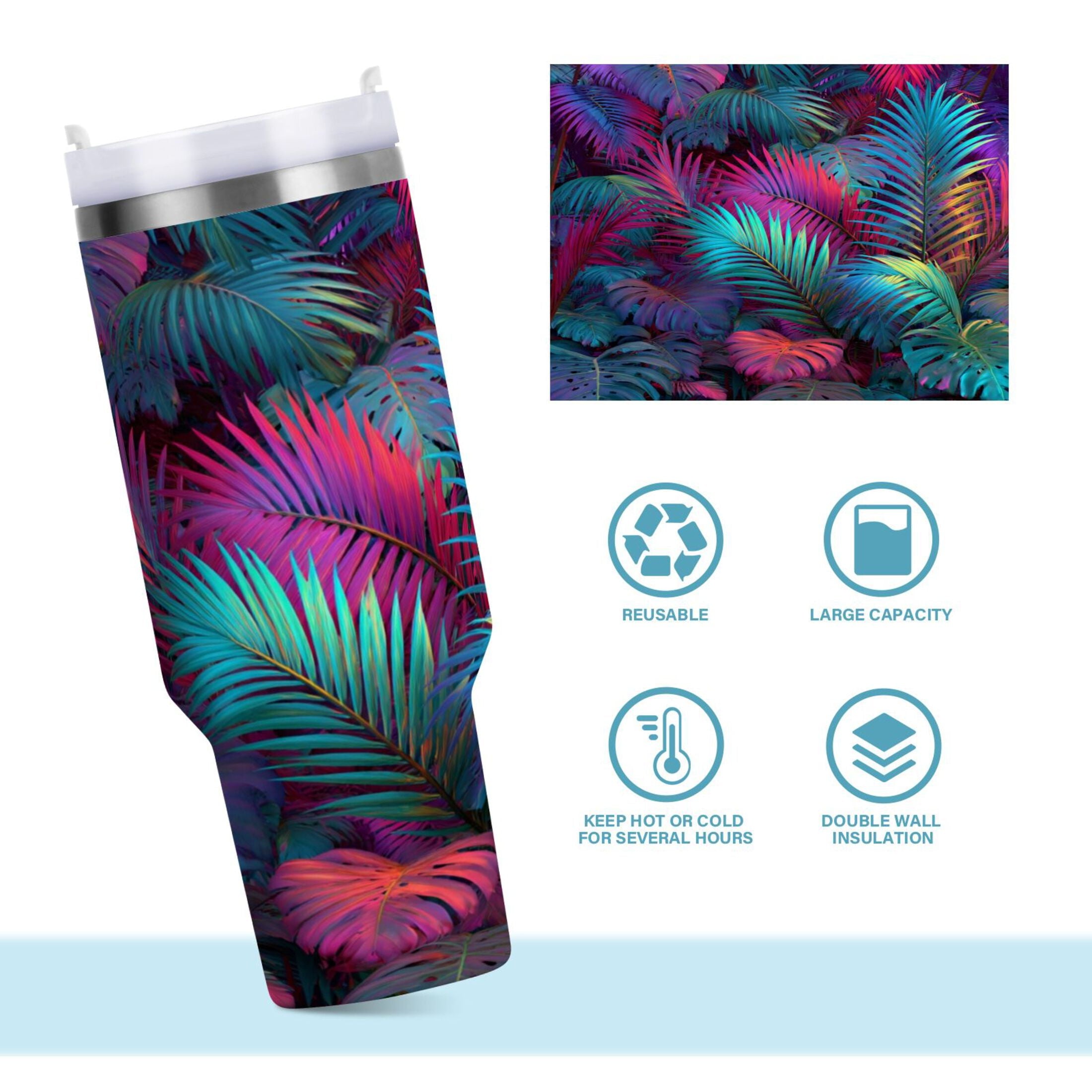30 oz Insulated Stainless Steel Tumbler Double Wall Stainless Steel Tumbler with 2-Way Drinking Vibrant and Shimmering Jungle - CKKN