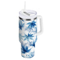 30 oz Insulated Stainless Steel Tumbler Double Wall Stainless Steel Tumbler with 2-Way Drinking Abstract Blue Maple Leaves - AHC6