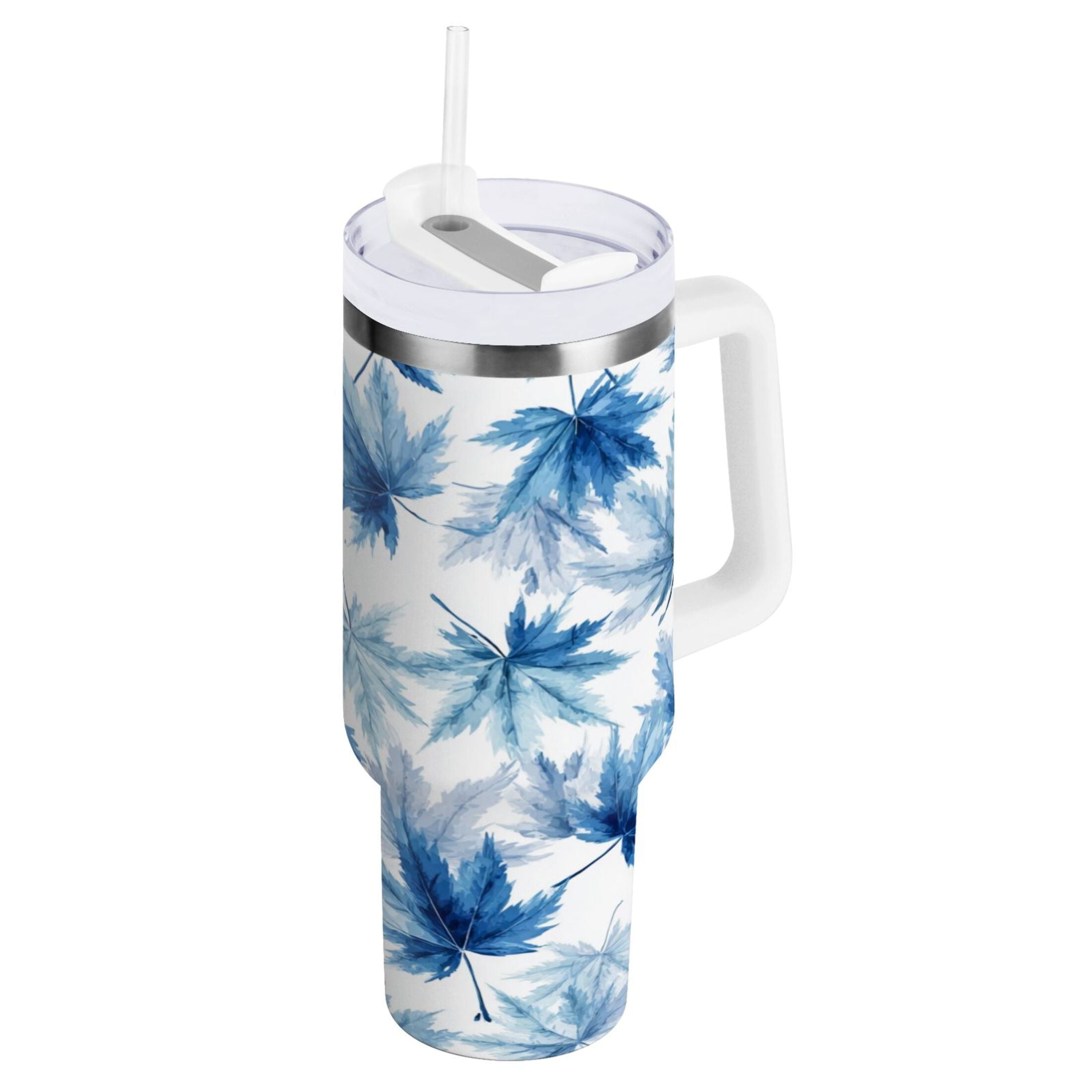 30 oz Insulated Stainless Steel Tumbler Double Wall Stainless Steel Tumbler with 2-Way Drinking Abstract Blue Maple Leaves - AHC6