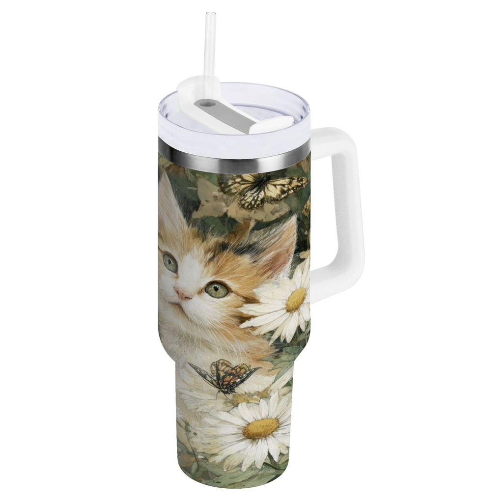 30 oz Insulated Stainless Steel Tumbler Double Wall Stainless Steel Tumbler with 2-Way Drinking Adorable Cats and Daisies - NPCU