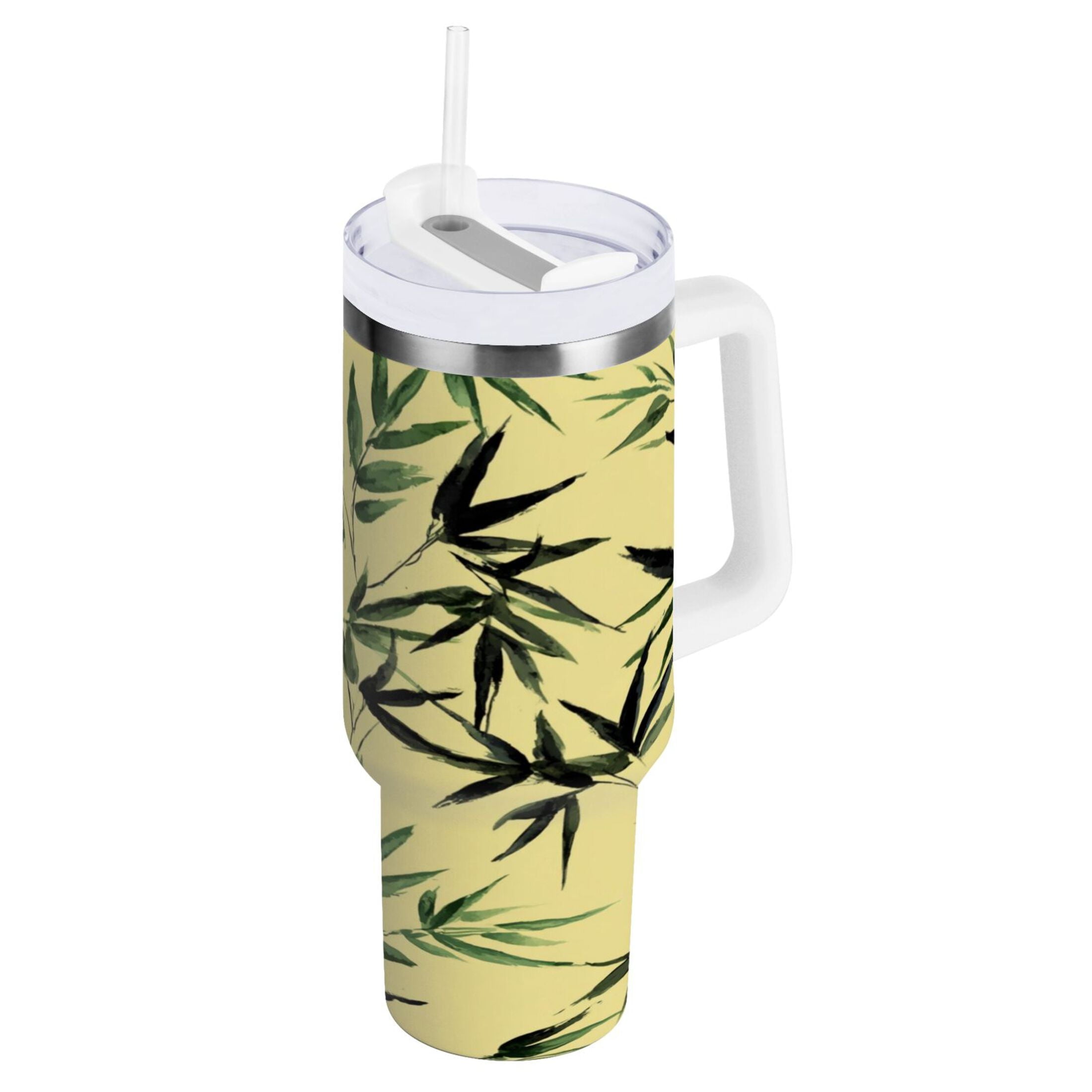 30 oz Insulated Stainless Steel Tumbler Double Wall Stainless Steel Tumbler with 2-Way Drinking Bamboo and Green Leaves - G009