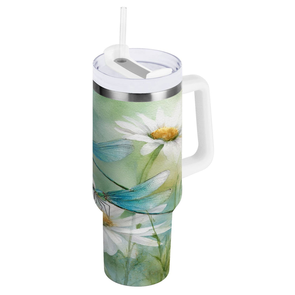30 oz Insulated Stainless Steel Tumbler Double Wall Stainless Steel Tumbler with 2-Way Drinking Beautiful Dragonflies and Daisies - VZ2H