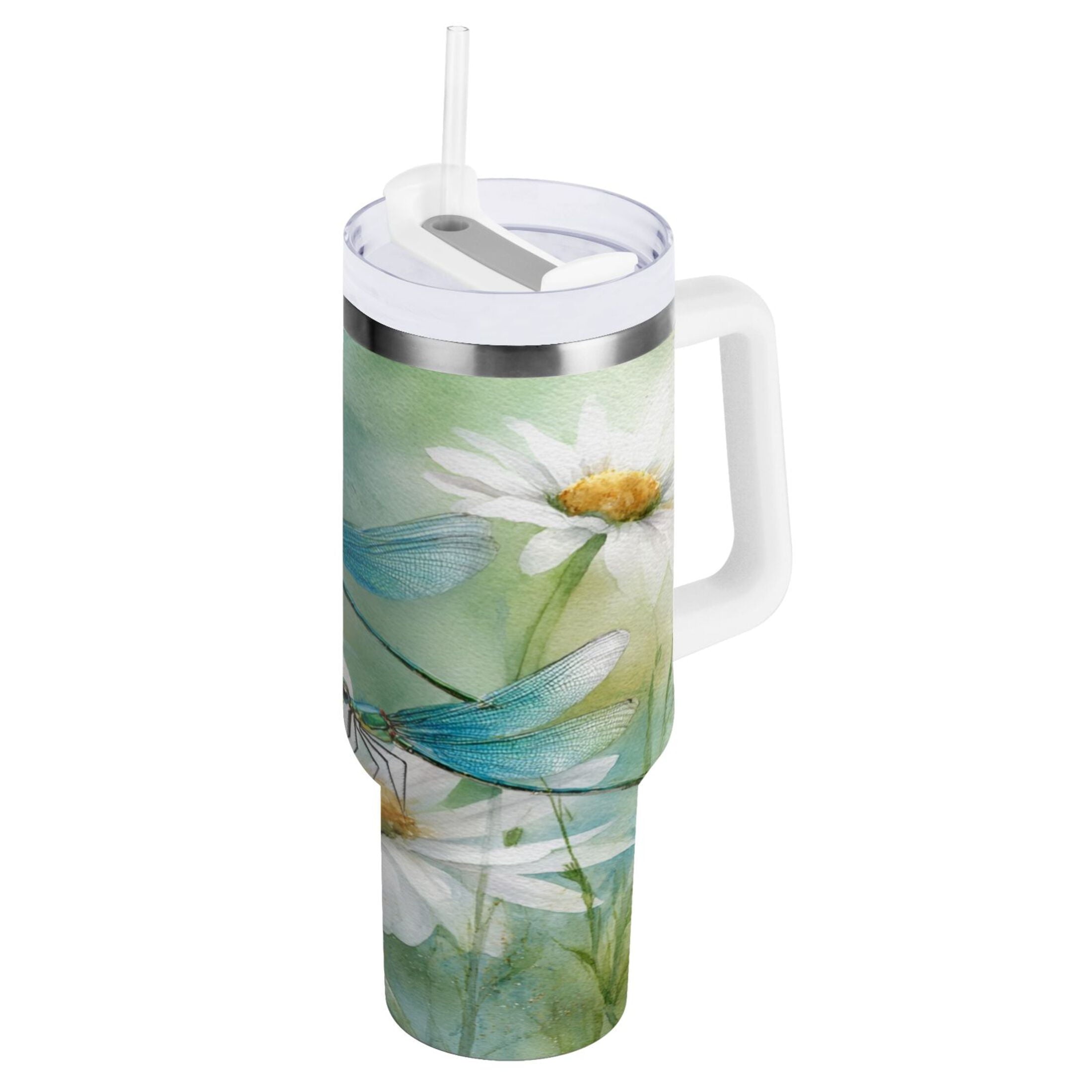 30 oz Insulated Stainless Steel Tumbler Double Wall Stainless Steel Tumbler with 2-Way Drinking Beautiful Dragonflies and Daisies - VZ2H