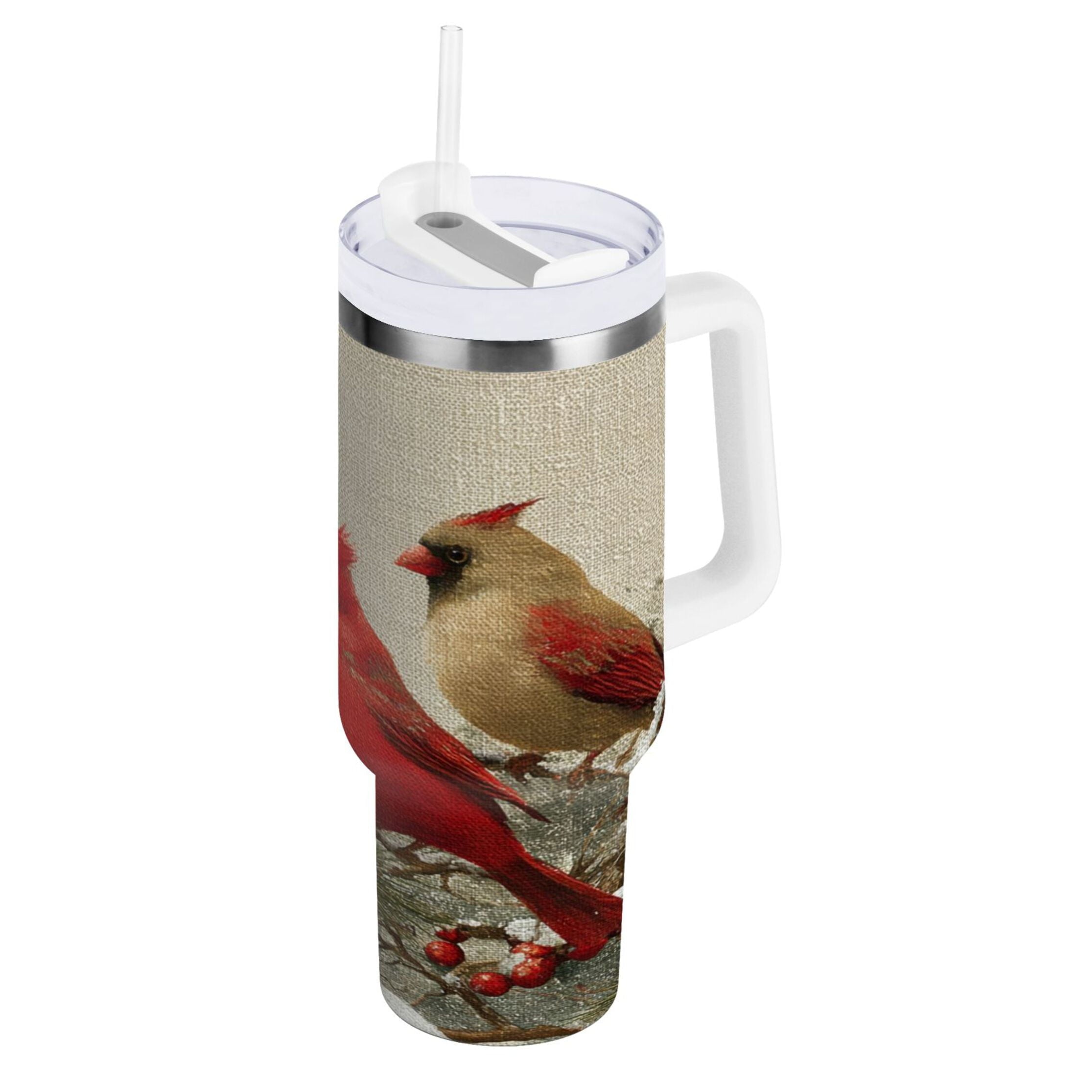 30 oz Insulated Stainless Steel Tumbler Double Wall Stainless Steel Tumbler with 2-Way Drinking Bird and Snow-covered Trees - E6B7