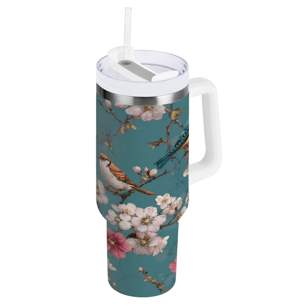 30 oz Insulated Stainless Steel Tumbler Double Wall Stainless Steel Tumbler with 2-Way Drinking Birds and Cherry Pattern - I5FV