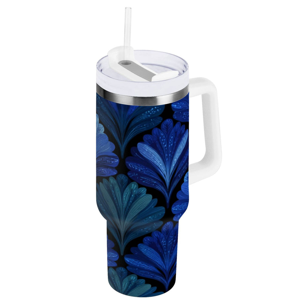 30 oz Insulated Stainless Steel Tumbler Double Wall Stainless Steel Tumbler with 2-Way Drinking Blue Batik Leaves Pattern - HXC9