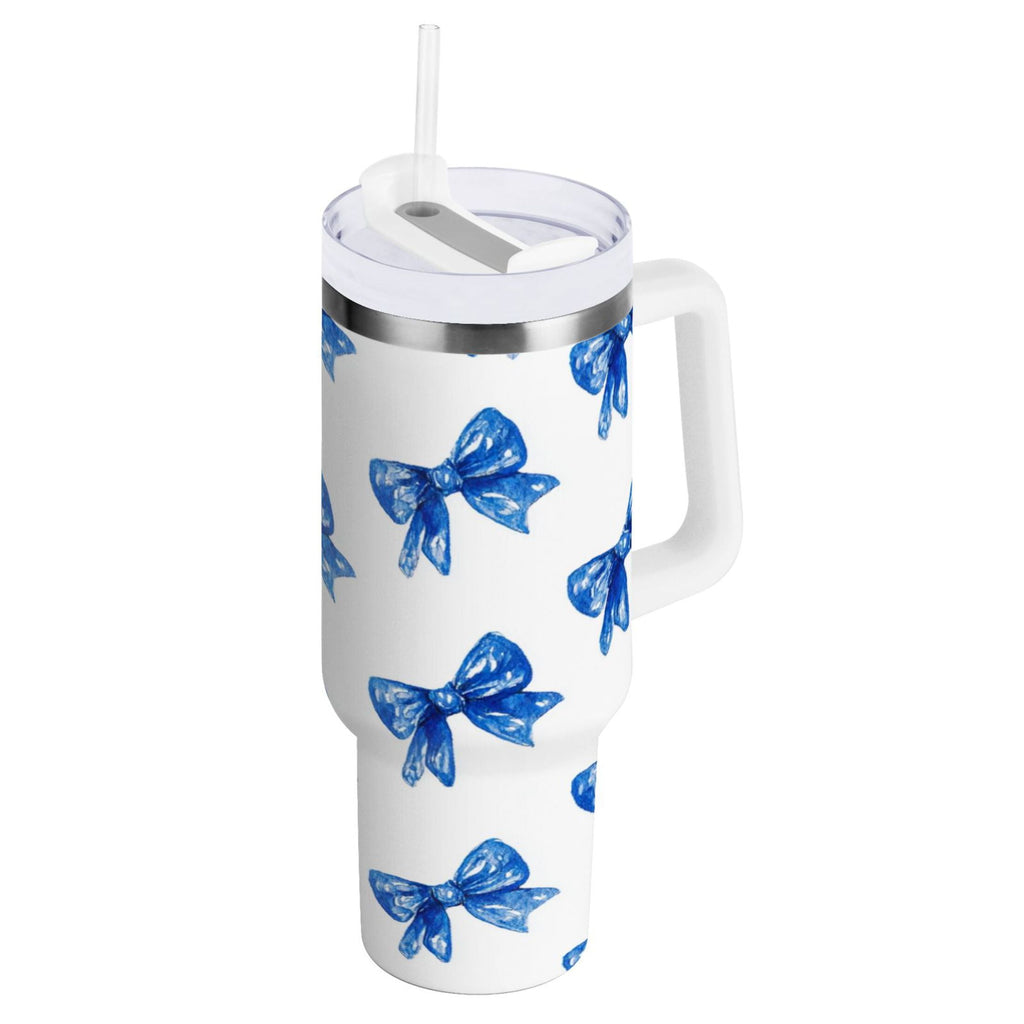 30 oz Insulated Stainless Steel Tumbler Double Wall Stainless Steel Tumbler with 2-Way Drinking Blue Bows Pattern - 3BA5