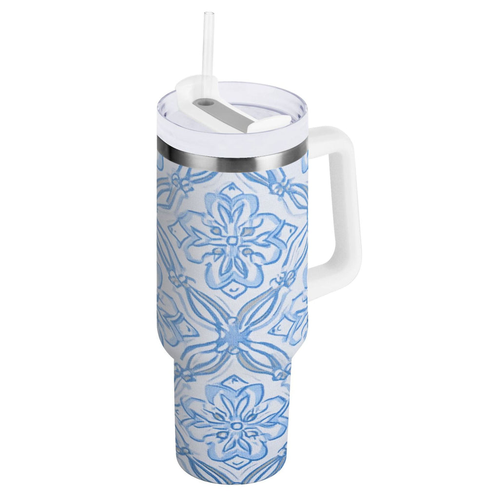 30 oz Insulated Stainless Steel Tumbler Double Wall Stainless Steel Tumbler with 2-Way Drinking Blue Elegant Geometric Design - NFJB