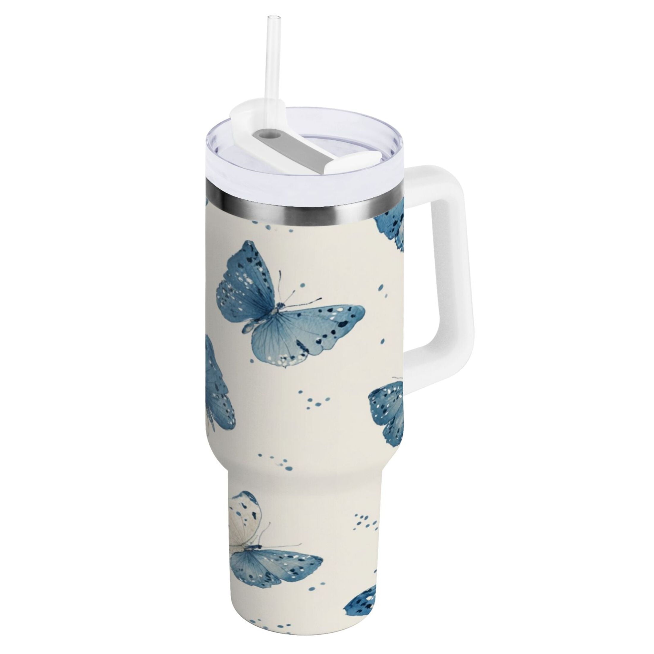 30 oz Insulated Stainless Steel Tumbler Double Wall Stainless Steel Tumbler with 2-Way Drinking Blue Watercolor Butterflies - W7E6