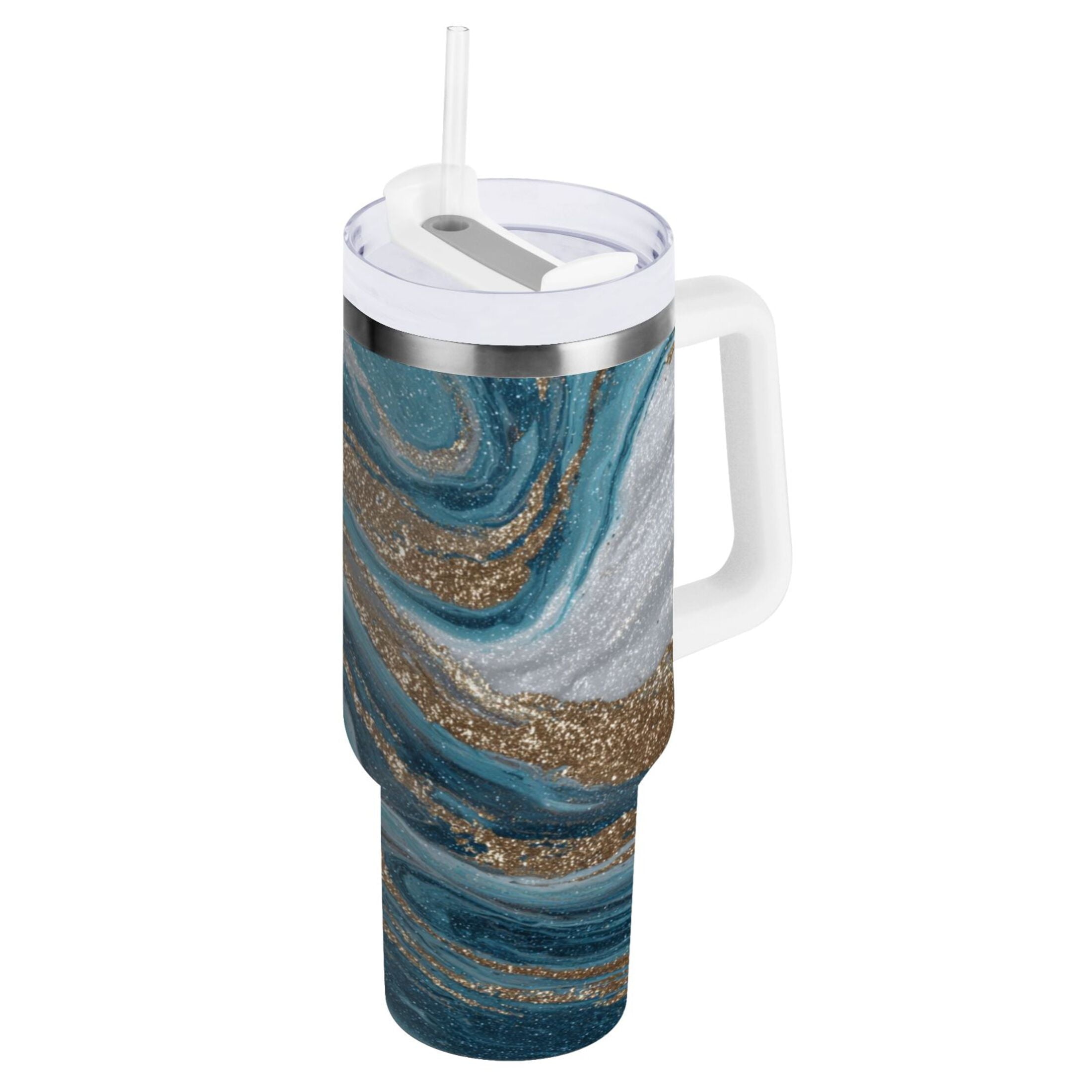 30 oz Insulated Stainless Steel Tumbler Double Wall Stainless Steel Tumbler with 2-Way Drinking Blue and Gold Swirling - 15NK