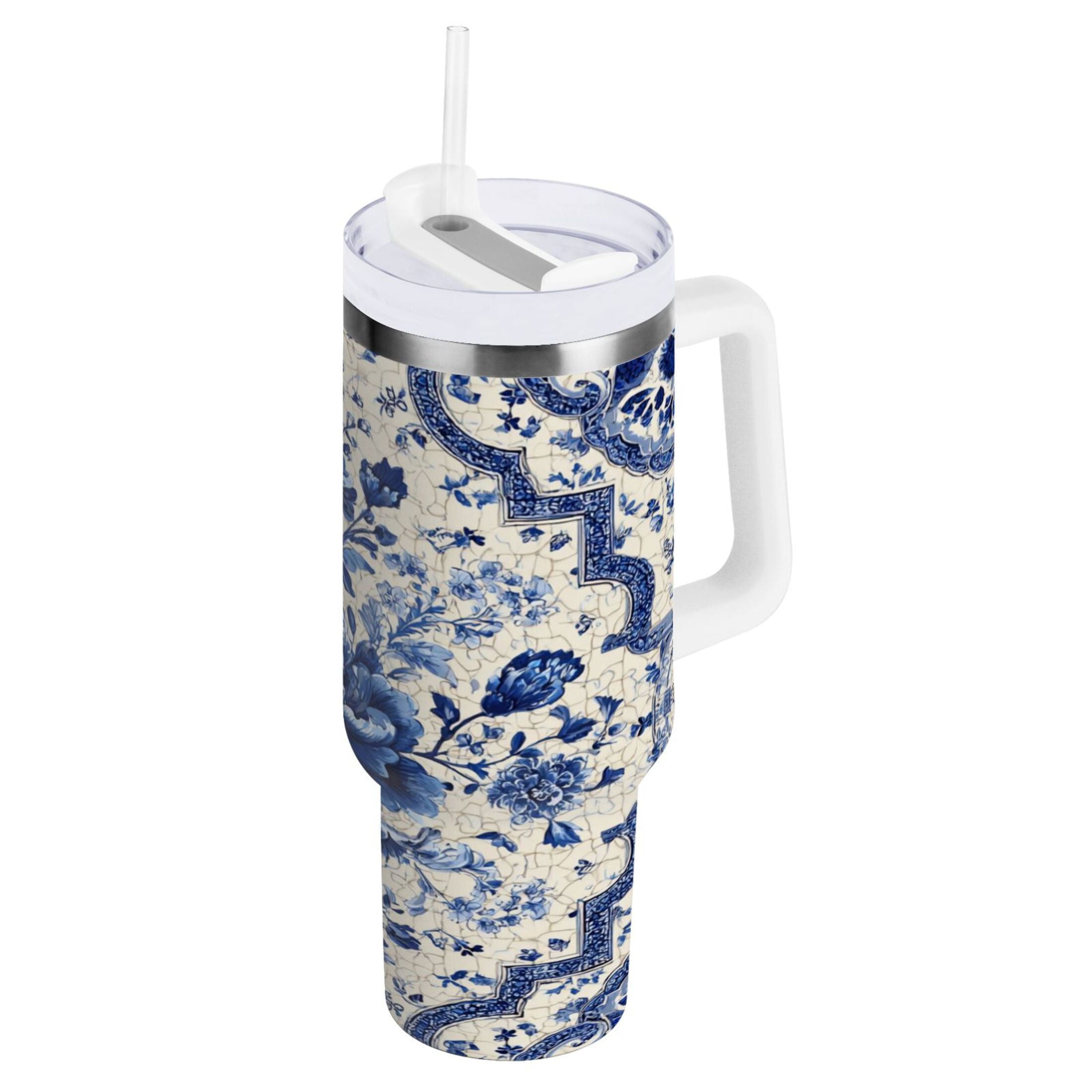 30 oz Insulated Stainless Steel Tumbler Double Wall Stainless Steel Tumbler with 2-Way Drinking Blue and White Porcelain-style - 4WF2