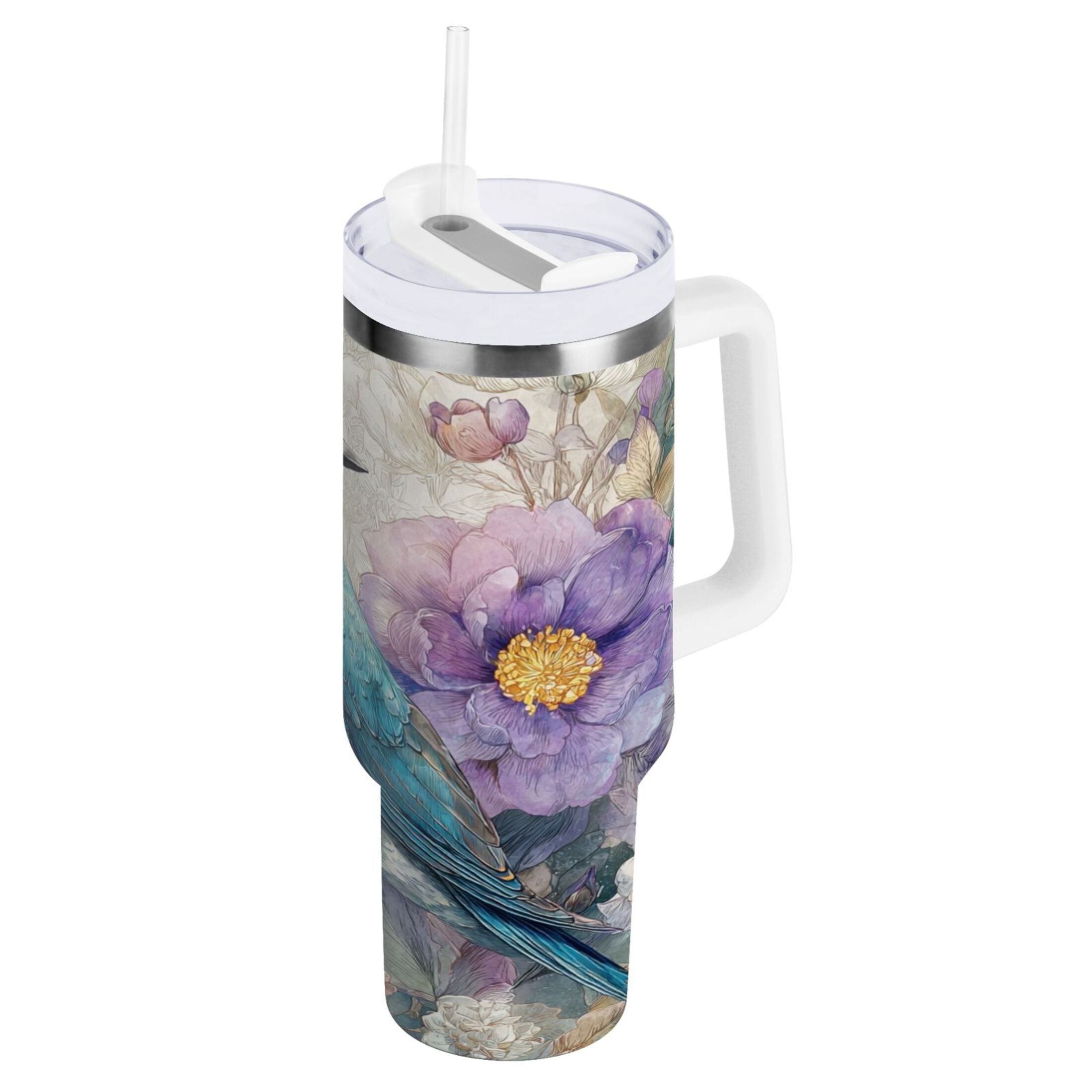 30 oz Insulated Stainless Steel Tumbler Double Wall Stainless Steel Tumbler with 2-Way Drinking Bluebird and Flower - NPKB