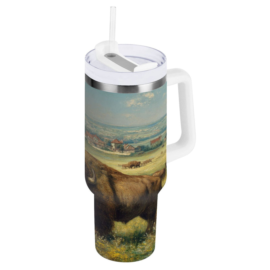 30 oz Insulated Stainless Steel Tumbler Double Wall Stainless Steel Tumbler with 2-Way Drinking Buffalo Herd Oil Painting - 5334