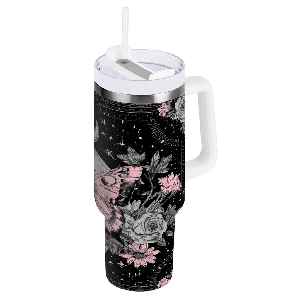 30 oz Insulated Stainless Steel Tumbler Double Wall Stainless Steel Tumbler with 2-Way Drinking Butterfly by Moon and Flowers - AR3P