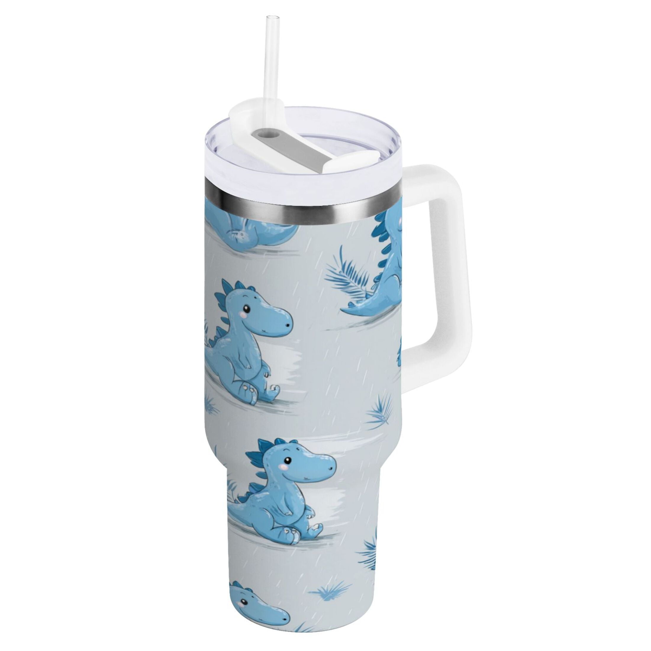 30 oz Insulated Stainless Steel Tumbler Double Wall Stainless Steel Tumbler with 2-Way Drinking Cartoon Blue Dinosaurs - A1AT