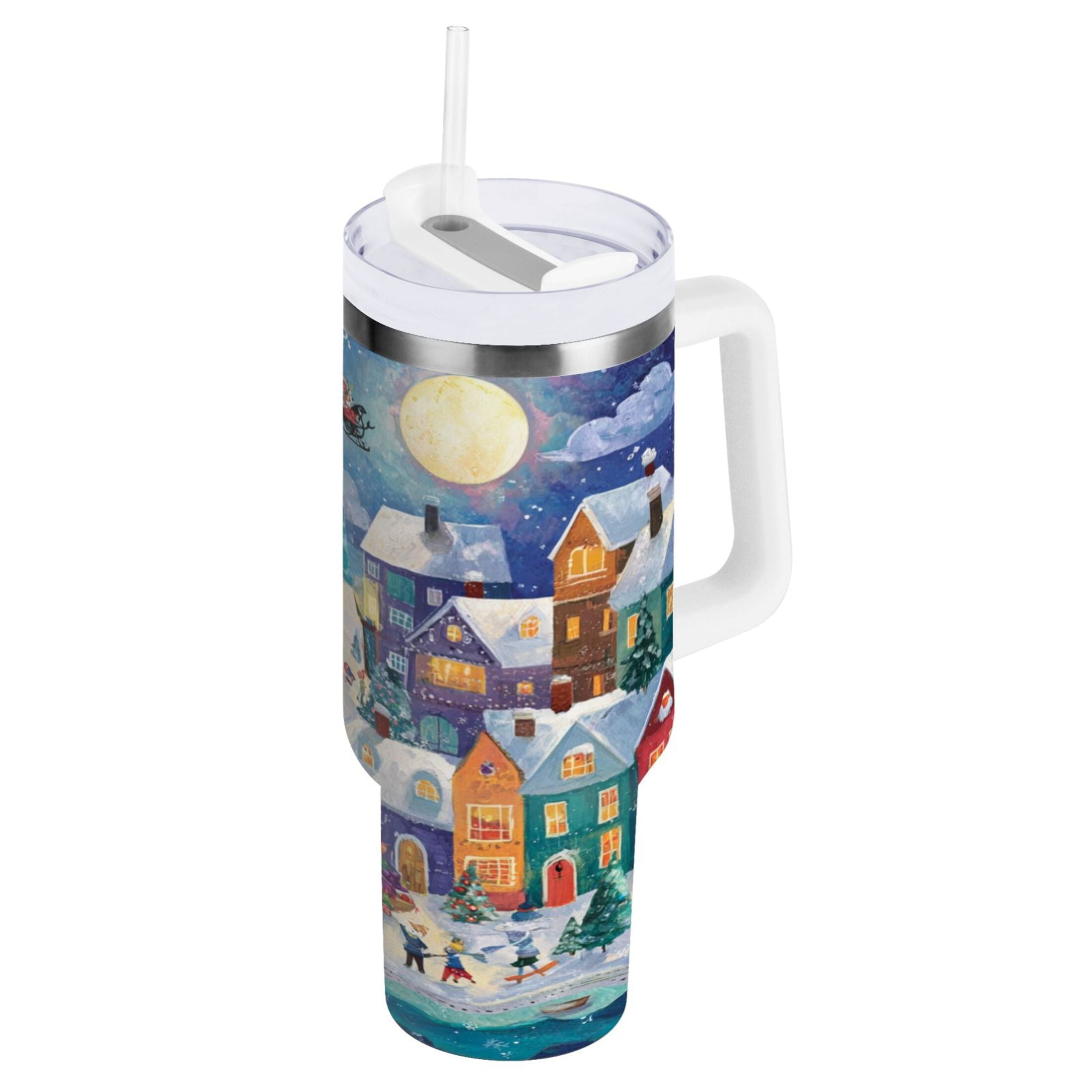 30 oz Insulated Stainless Steel Tumbler Double Wall Stainless Steel Tumbler with 2-Way Drinking Charming Christmas Scene - J7CT