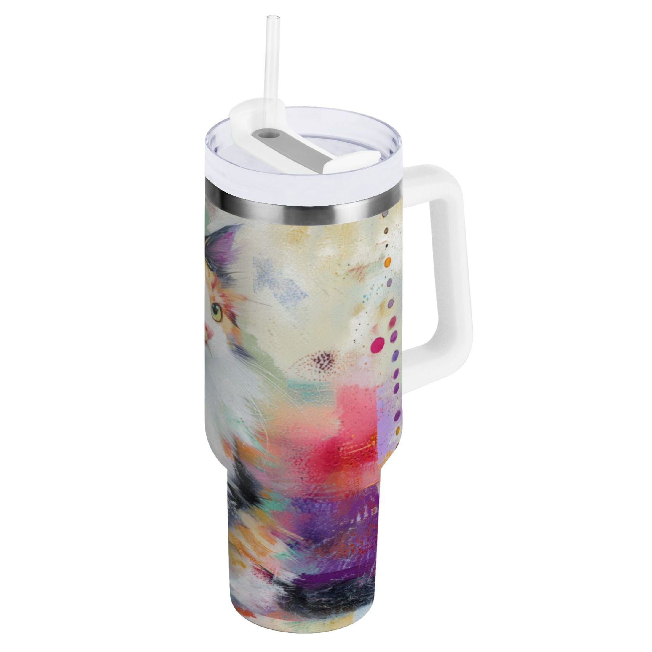 30 oz Insulated Stainless Steel Tumbler Double Wall Stainless Steel Tumbler with 2-Way Drinking Charming Hairy Cat - S3VA